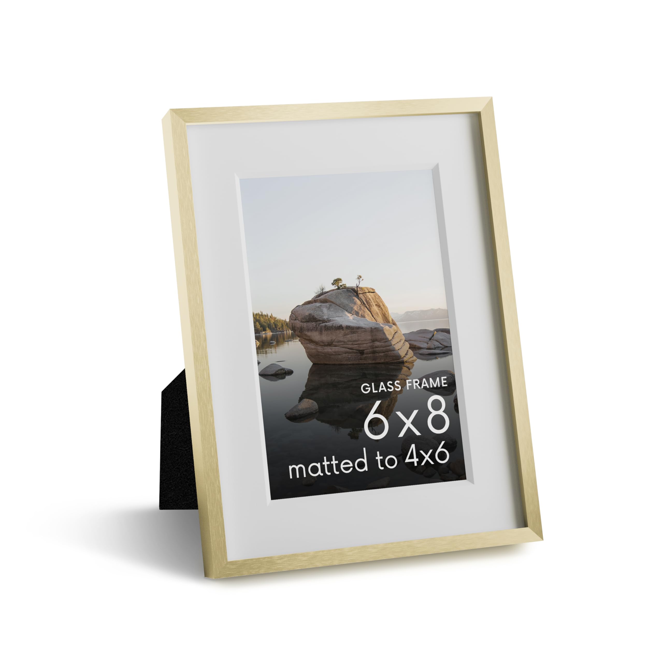 HAUS AND HUES 6x8 Picture Frame with Real Glass & Gold Premium-Grade Metal Matted to 4x6 - Aluminum 6x8 Picture Frame - Includes Easel Back, Hanging Kit - Ideal for Home, Office (6x8 in, Gold)