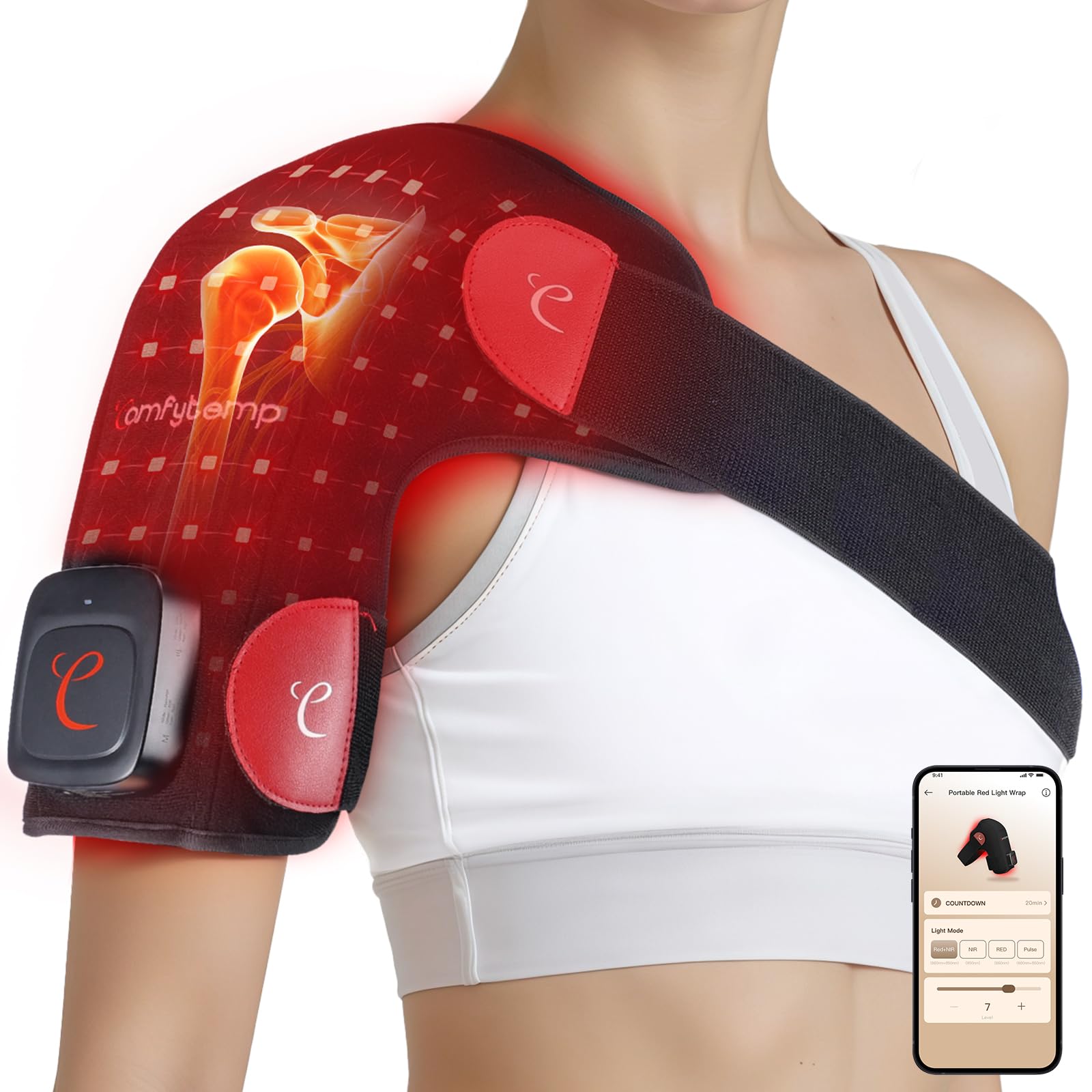 Comfytemp Cordless Red Light Therapy for Shoulder, 94 LEDs FSA Eligible HSA Near Infrared Light Therapy Wrap, 3D Portable Heated Shoulder Pad Last 90-380mins for Joint Pain Relief(No Massage,One Size)