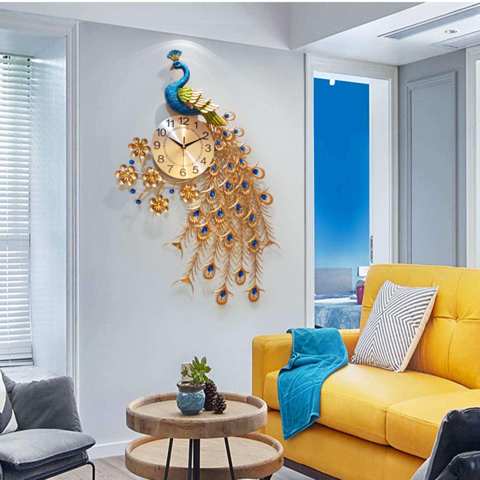 Nowoczesny zegar ścienny, minimalistyczny zegar biurkowy, zrób wrażenie za pomocą oszałamiającego złotego zegara Peacock 3D metalowa sztuka ścienna kryształowy diamentowy zegarek,