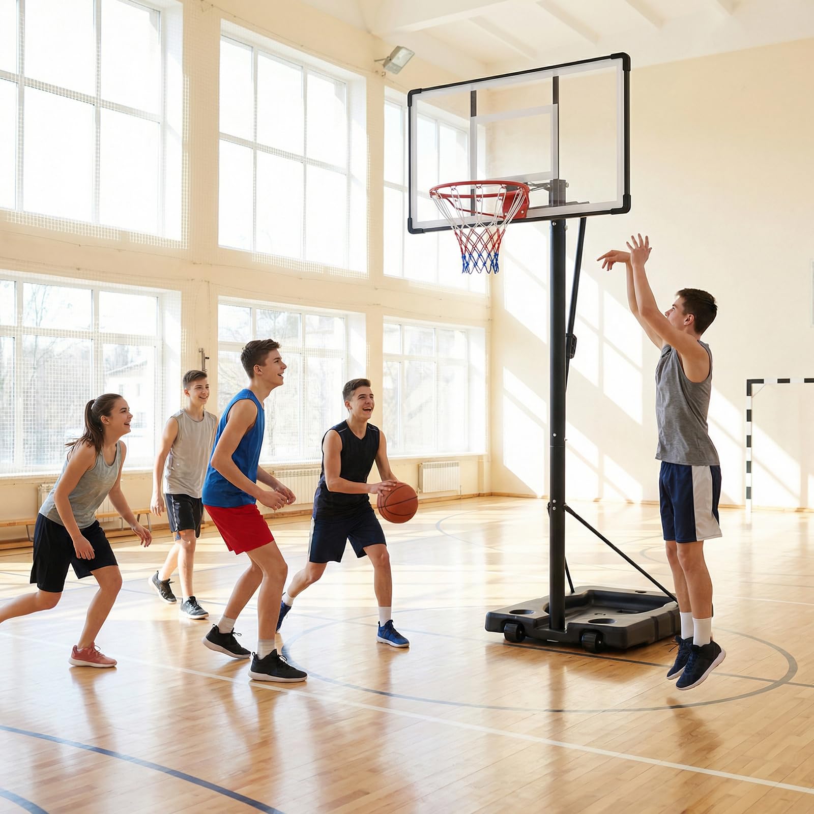GYMAX Basketballkorb Outdoor, verstellbare Korbhöhe 204-358 cm, Basketballständer mit Rollen & befüllbarer Basis