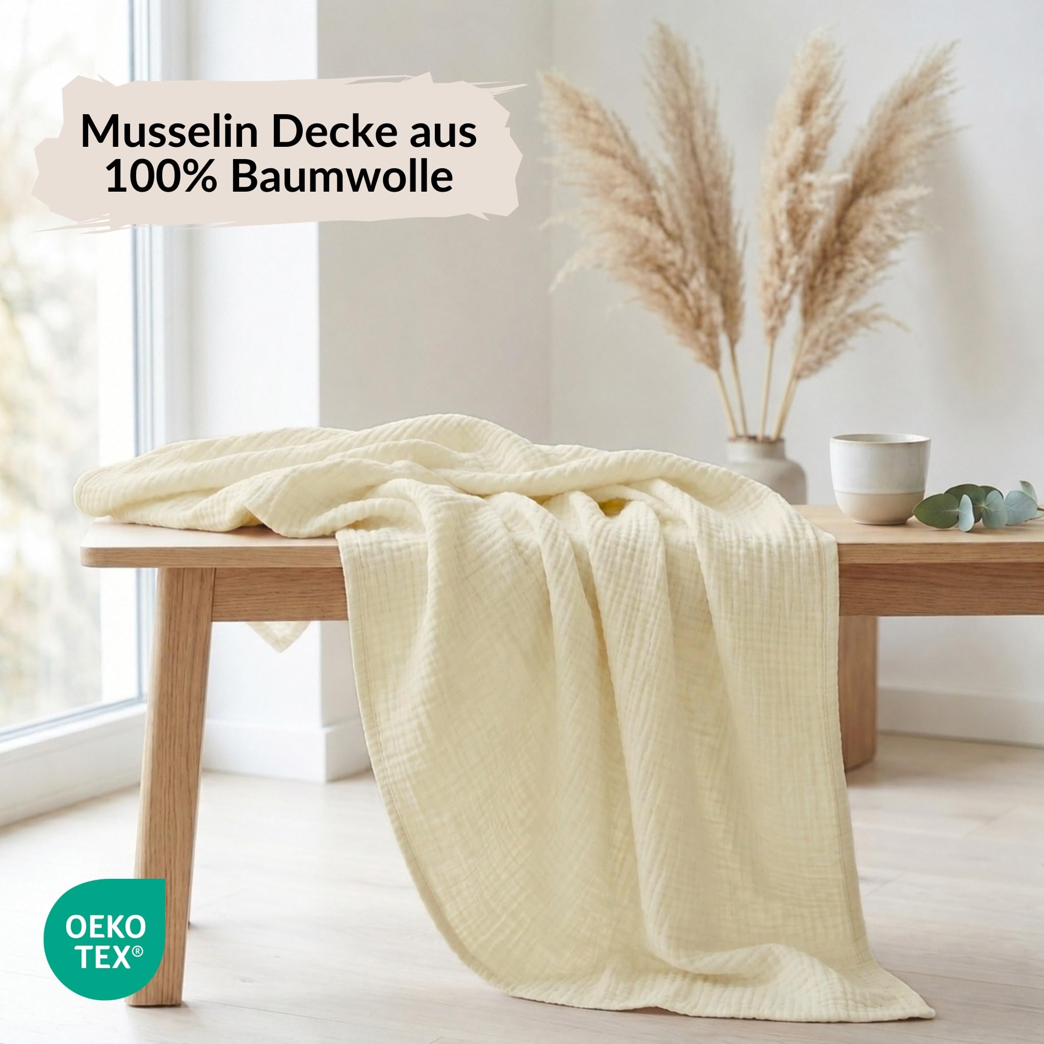 Carpe Sonno Musselin Decke 150 x 200 [100% Baumwolle] Leichte Musselindecke Sommer | Oeko-TEX Kuscheldecke flauschig | Tagesdecke Beige Sofadecke Sommerdecke Couchdecke | Sofa Decke Creme