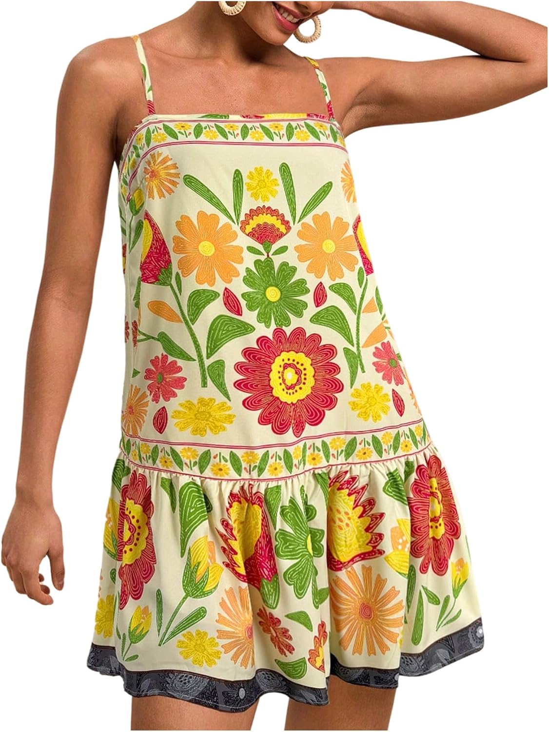 Women's Floral Boho Flowy Mini Cami Dress Ruffle Hem Spaghetti Strap Vacation Tank Dresses