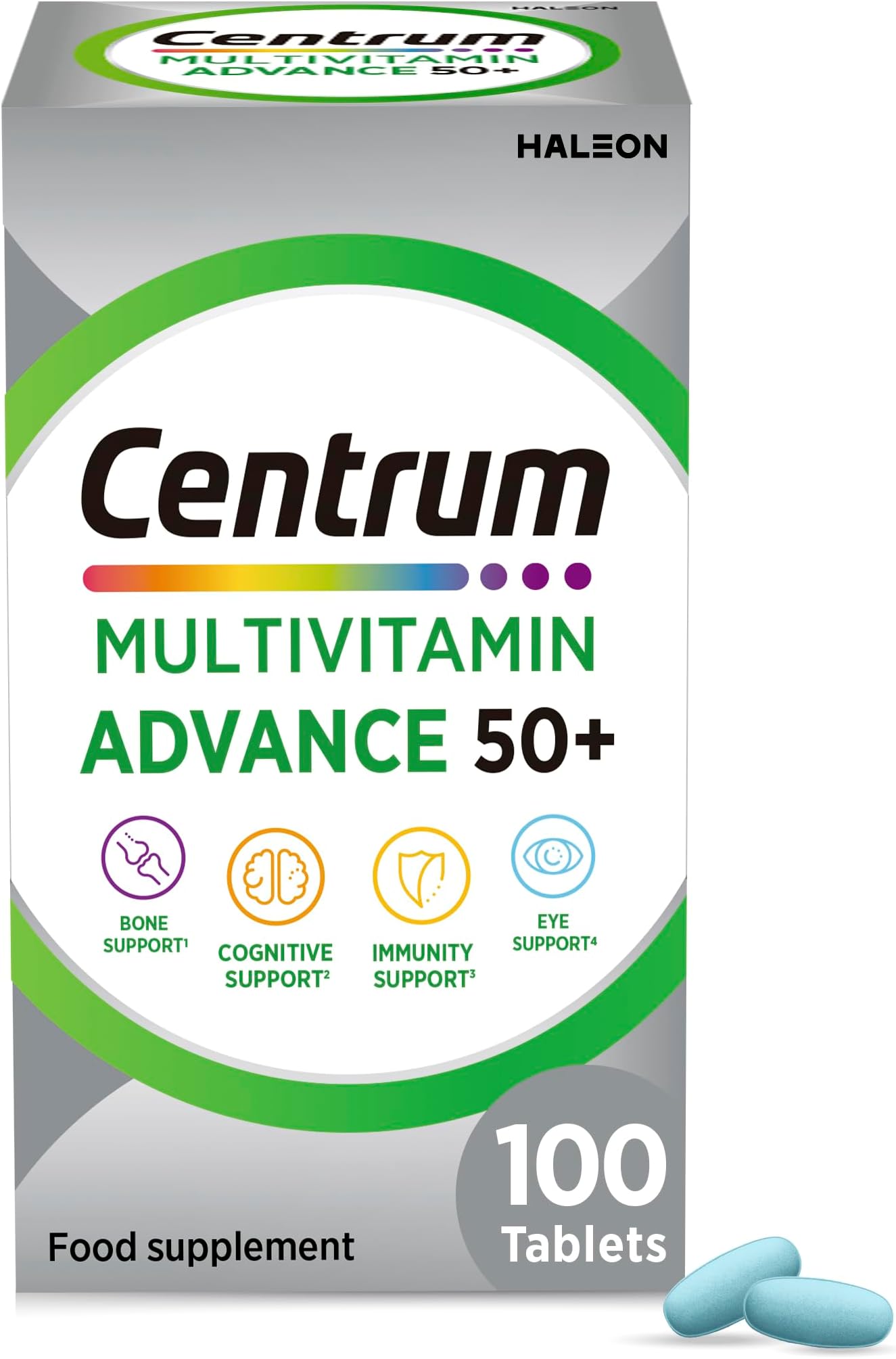 Centrum Advance 50+ Tablets Multivitamin & Mineral Supplements, with 24 essential nutrients, including vitamin D, C, Zinc, 100 ct