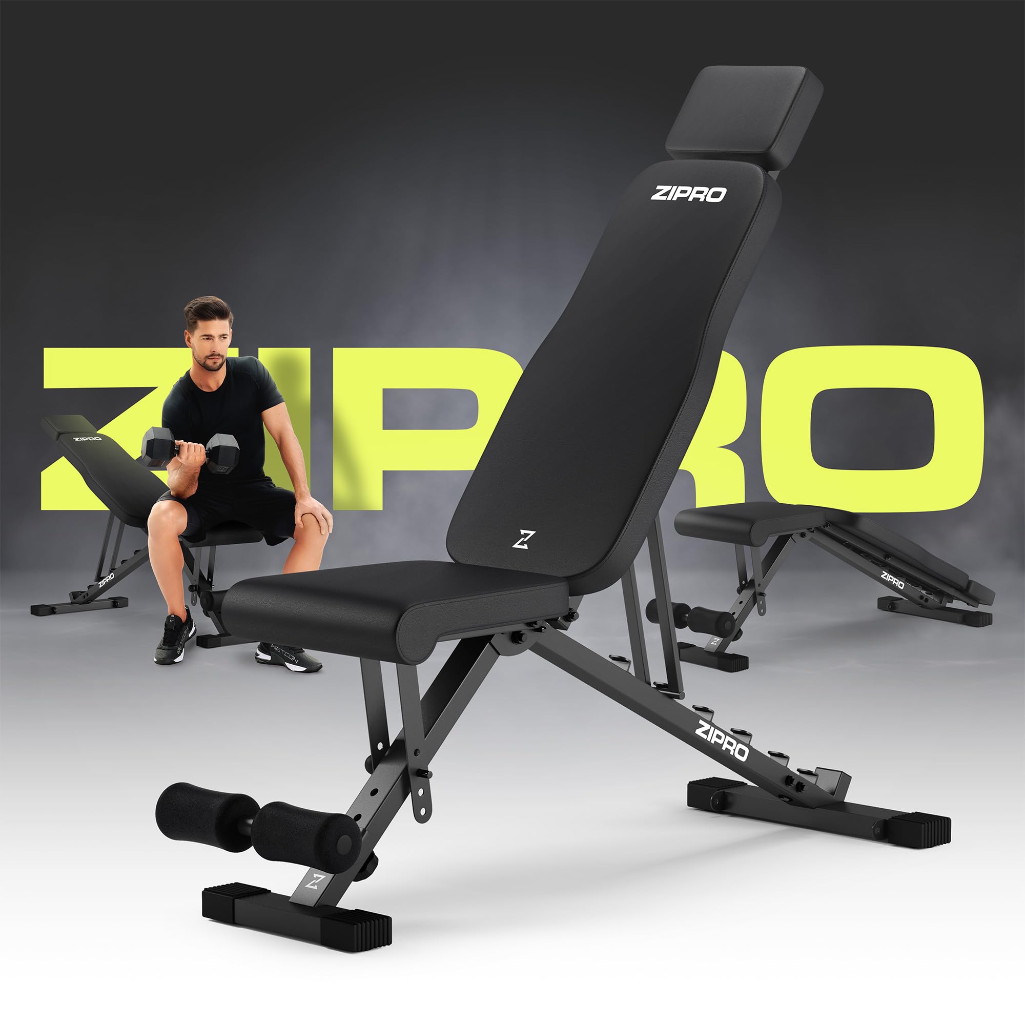 ZIPRO Banco Plegable de Musculación Ajustable Fitness Gimnasio Soporte hasta 300 kg con Respaldo y Asiento 7x Posiciones Equipo Entrenamiento Home Gym Fitness Doméstico Gimnasio – Grind Negro