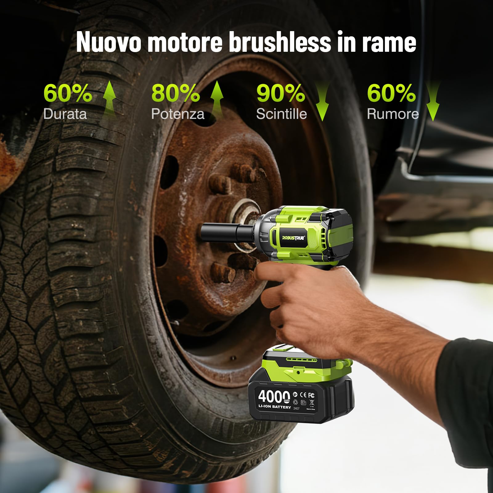 Robustrue 800 N·m Avvitatore a impulsi a batteria 1/2", motore brushless ad alta coppia, fino a 2800 giri/min, 2 batterie 4,0Ah con caricatore, 4 bussole, ideale per auto e uso domestico