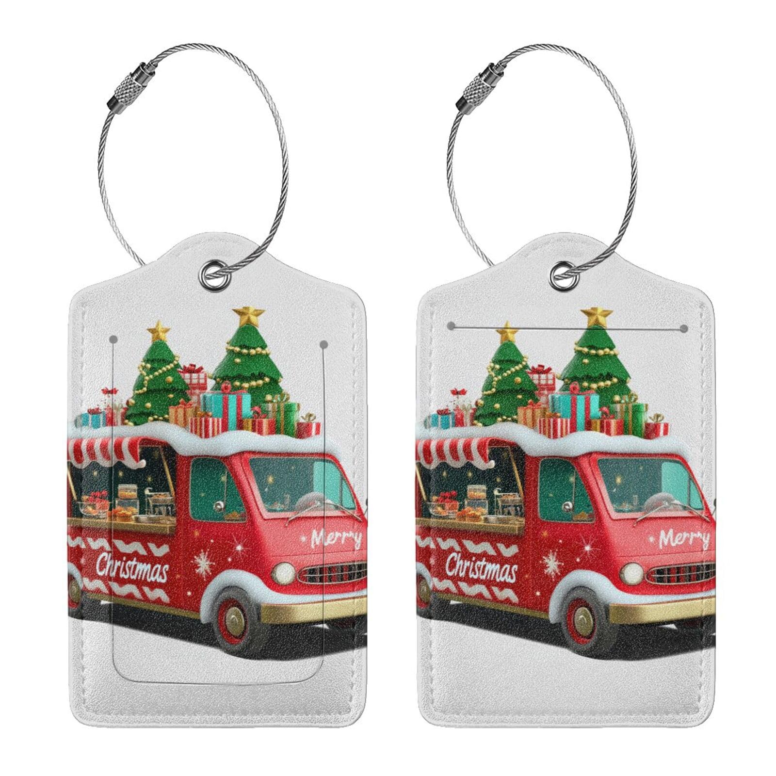 4 etiquetas de equipaje de piel sintética para maleta, autobús rojo con árbol de Navidad y etiqueta de equipaje de regalo con lazo de acero inoxidable, etiqueta de identificación de cubierta de