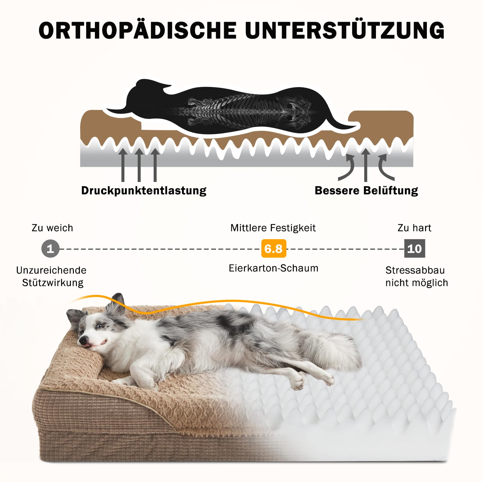 FURTIME Cuccia ortopedica per cani di taglia grande, in memory foam, XL, rimovibile e lavabile, antiscivolo, con bordo alto, marrone, 107 x 81 x 19 cm