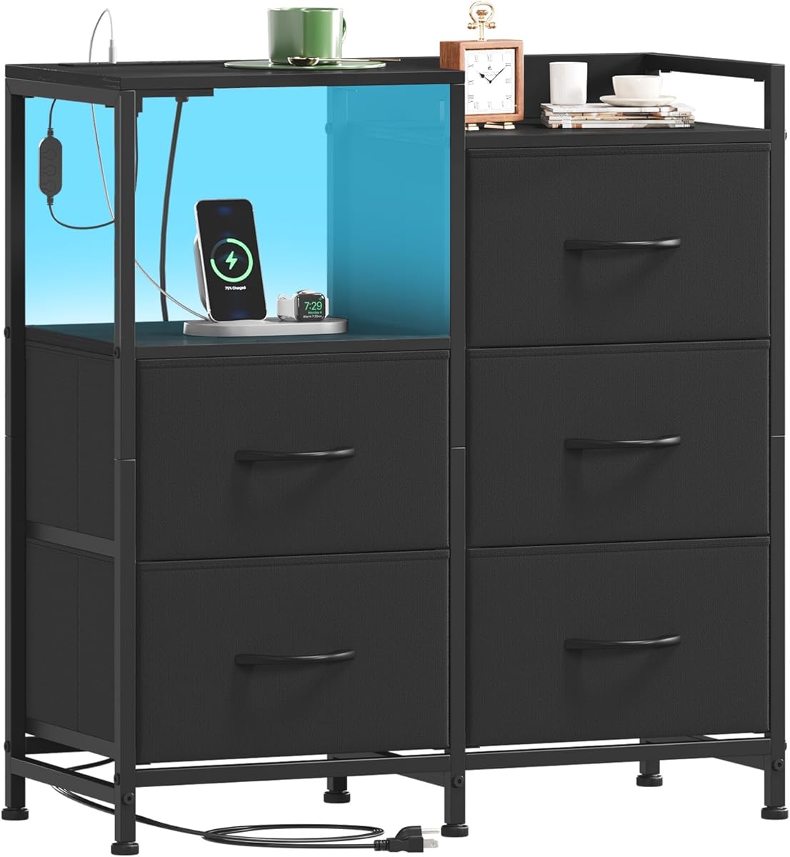 Somdot Black Nightstand with Charging Station and LED Light, Wide 5 Drawers Dresser for Bedroom with Fabric Bins and Open Shelf for Bedroom Kids Closet Dorm Guest Room, Black