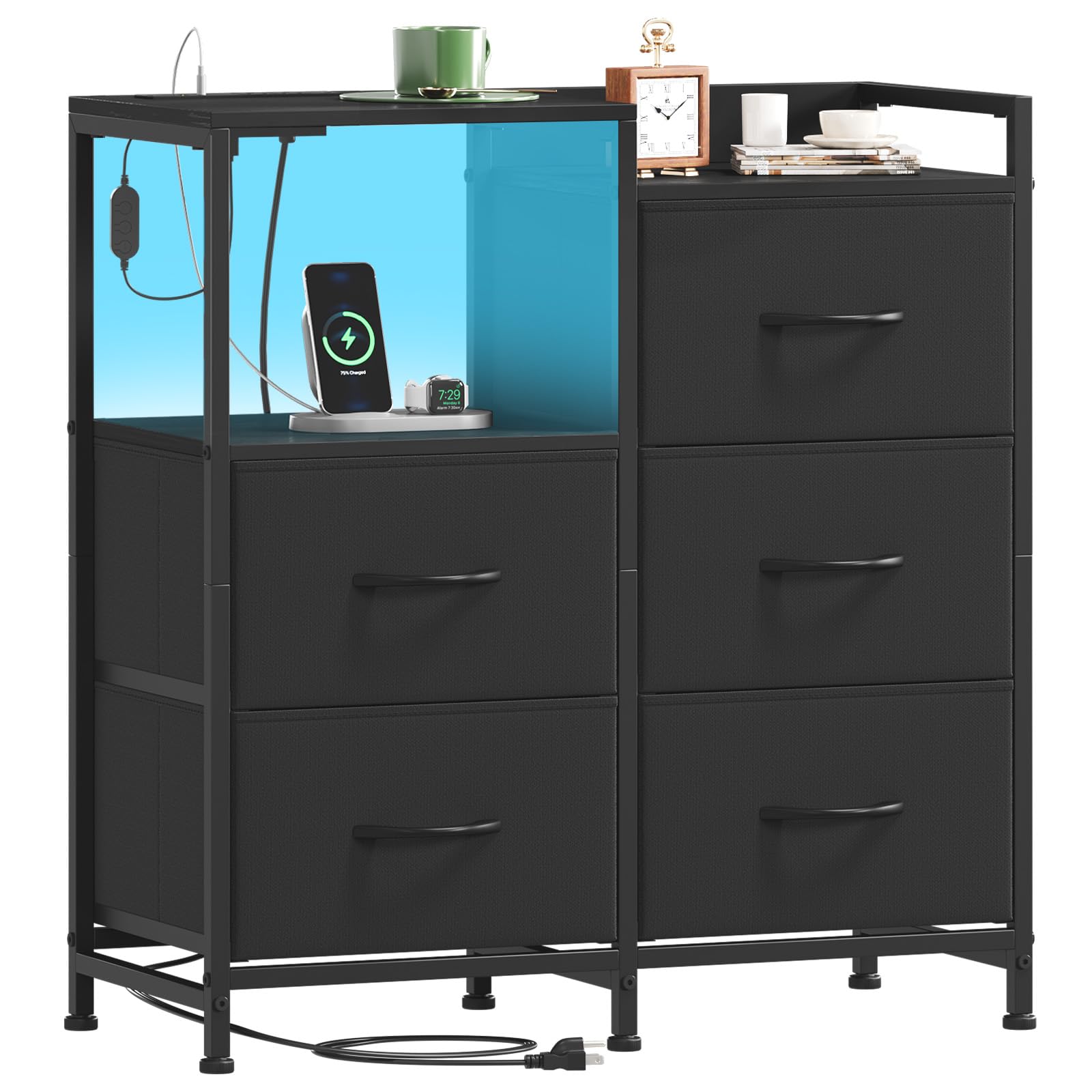 Somdot Black Nightstand with Charging Station and LED Light, Wide 5 Drawers Dresser for Bedroom with Fabric Bins and Open Shelf for Bedroom Kids
