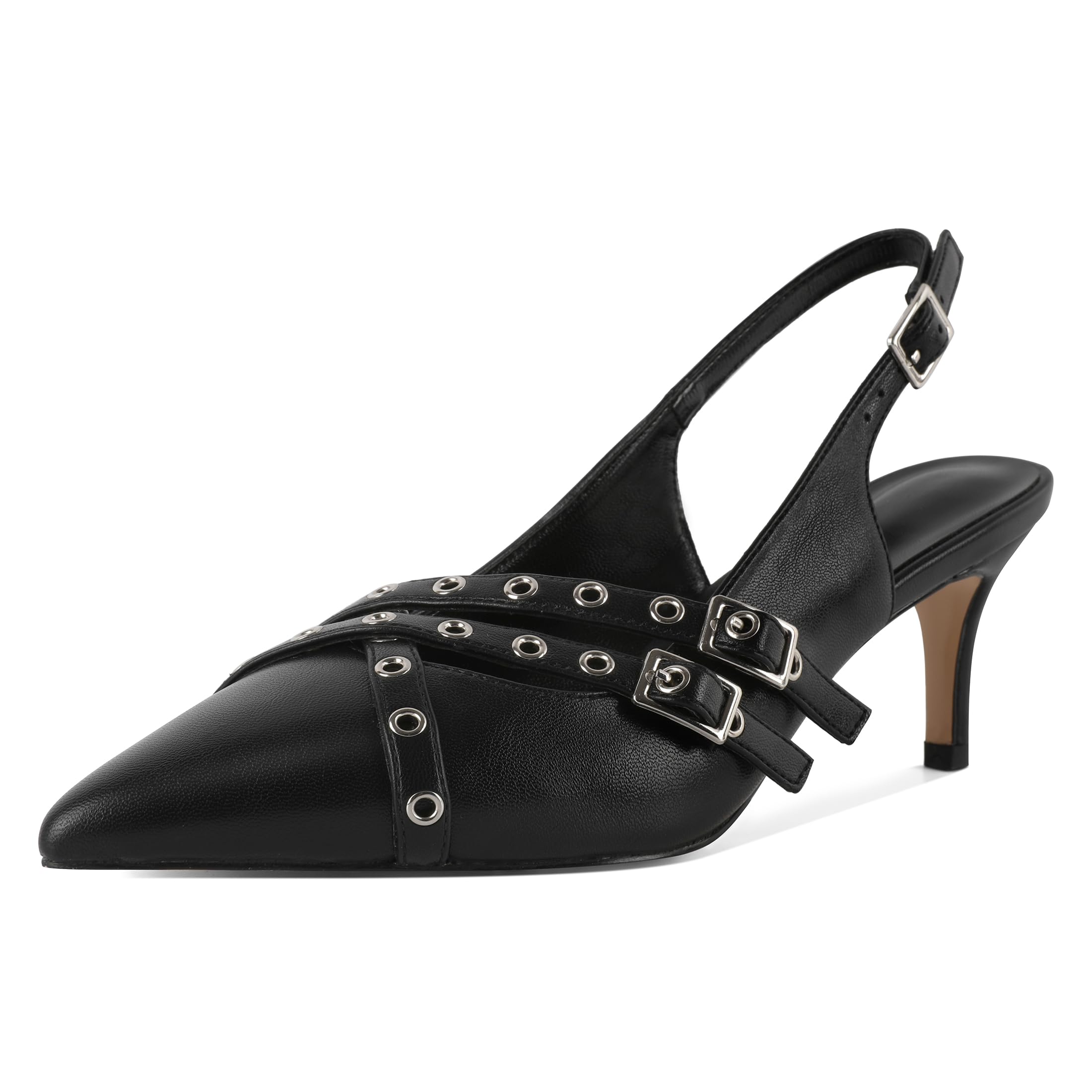 Eldof Women Slingback Heels Buckle Strap Pointed Toe Slip On Kitten Heel Pumps Shoes Dressy Studded Eyelet 2.5 Inches