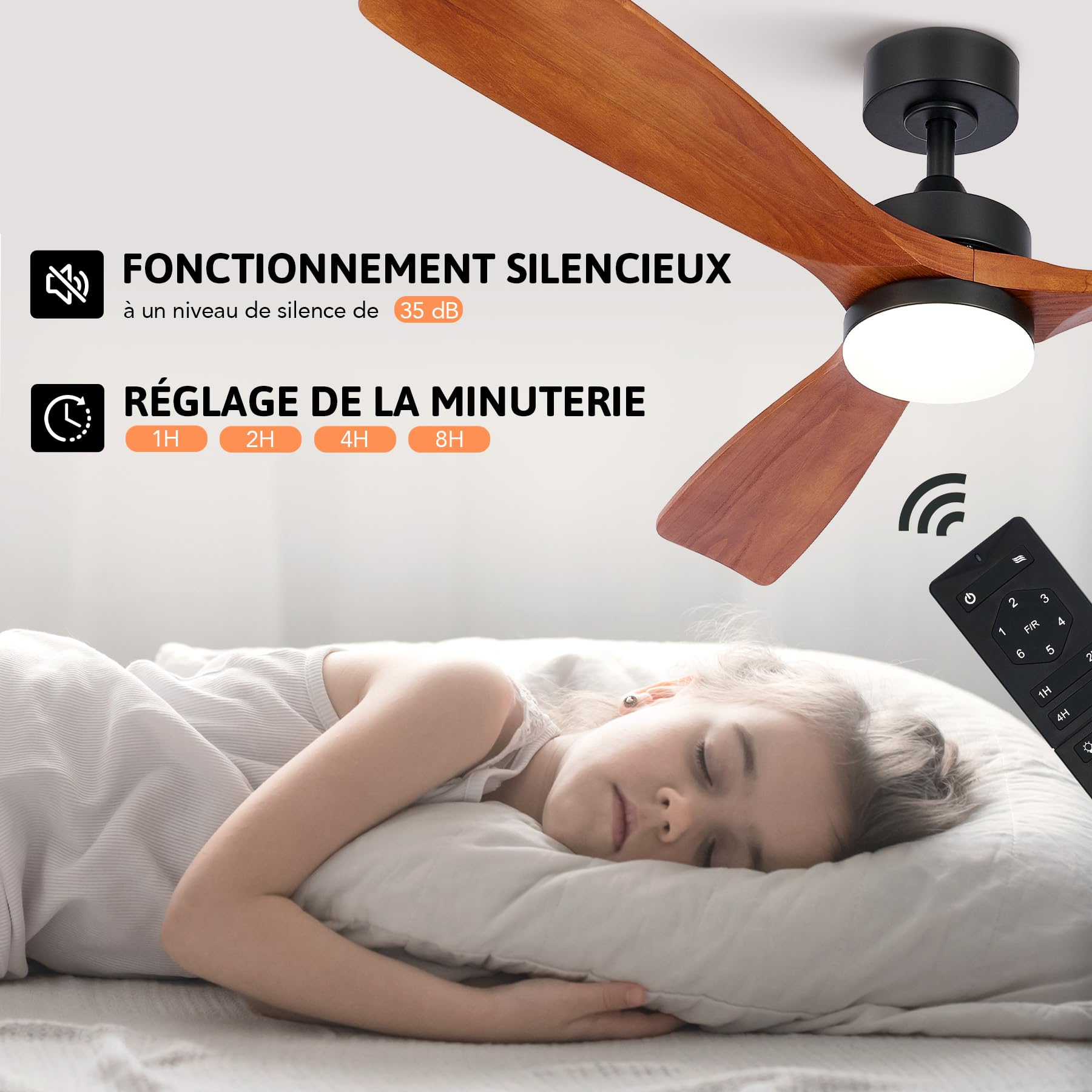 VONLUCE Ventilateur de Plafond avec Lumière Ø132CM 52 Pouces Bois Télécommande 3 Lames Moteur DC Réversible Mode Été-Hiver Silencieux 6 Vitesses 30W Noyer
