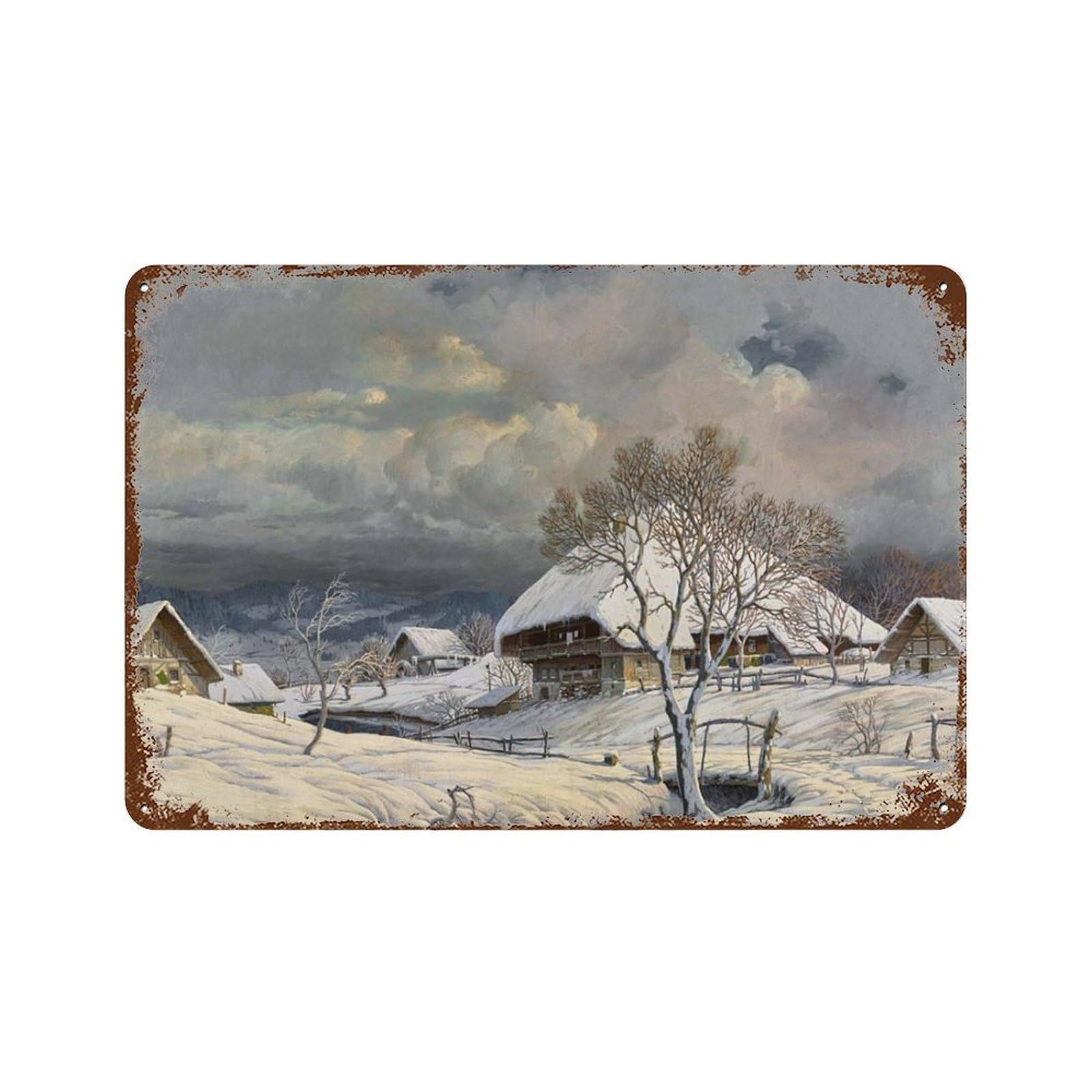 xiaoxiaoshen Winter， Vintage Aesthetic, Village Snow Scene, Neutral Christmas Wall Decor Art Metal Tin Poster Modern Home Decor Art Home Bar Shop Decorations Vintage Sign 20x30cm