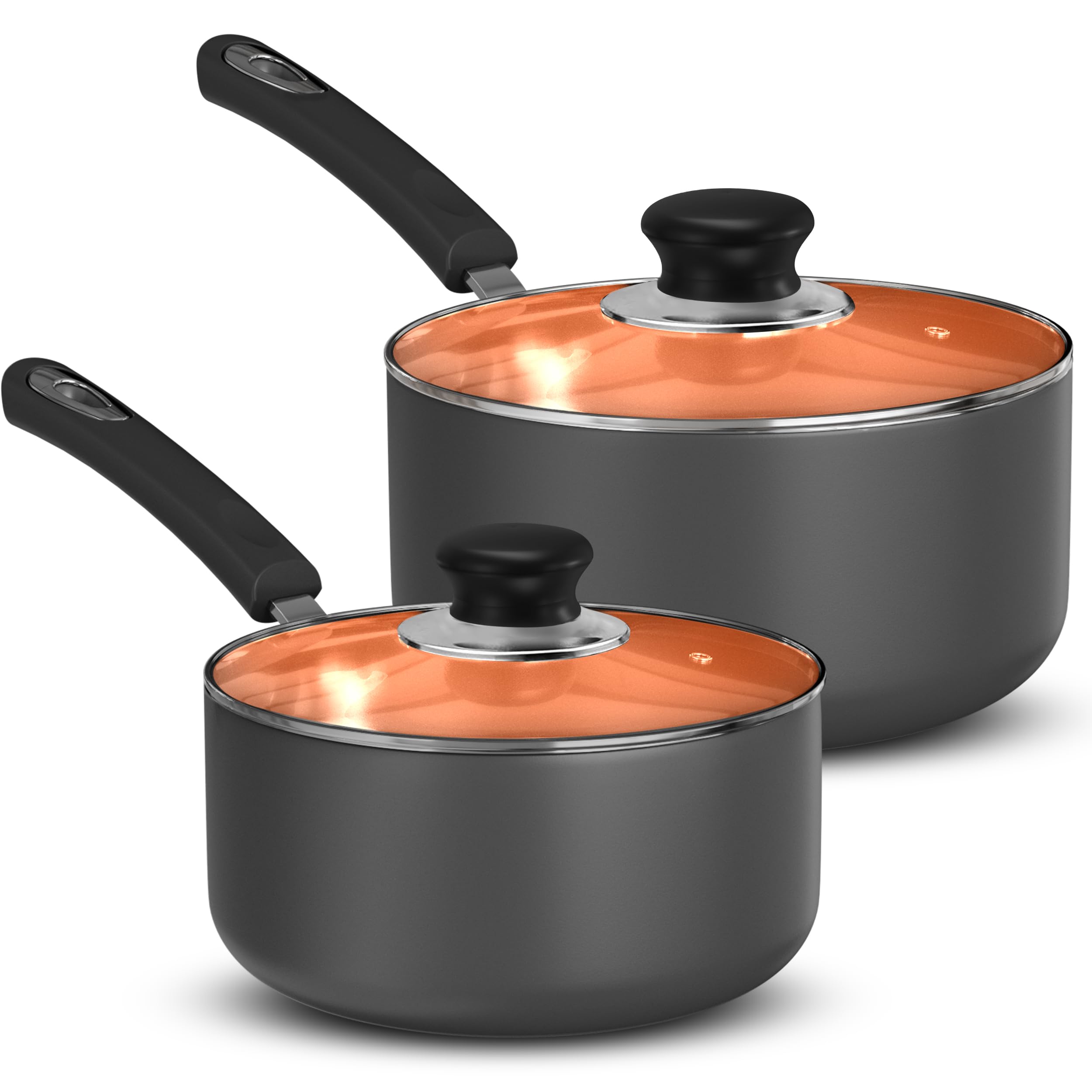 Utopia Kitchen Nonstick Stock Pot Saucepan Set with Lids, 1 Quart and 2 Quarts Multipurpose Stock Pots Set for Home, Kitchen or Restaurant, Copper & Grey