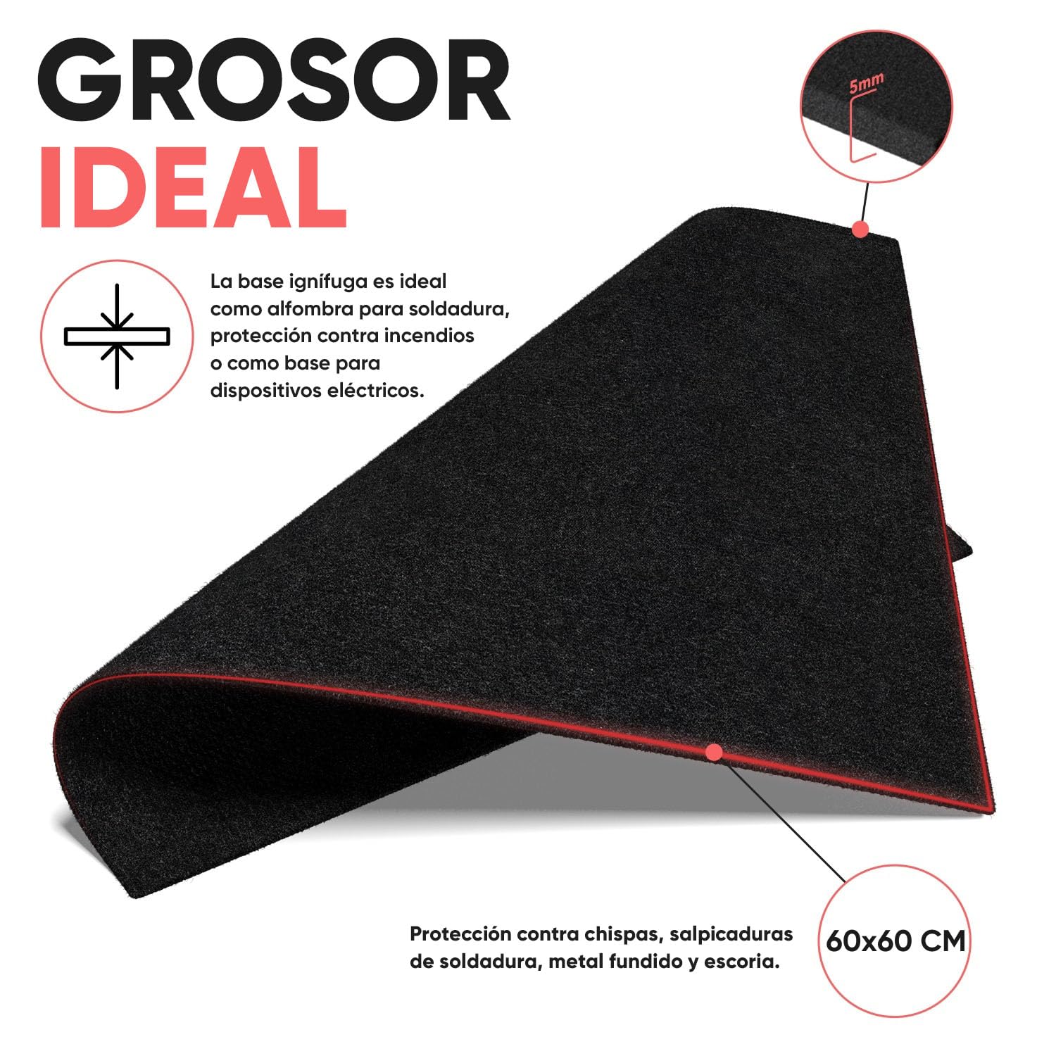 EVOCAMP Base ignífuga 60x60 cm - Alfombra de protección térmica resistente al calor hasta 982 °C - Alfombrilla de soldadura, alfombra ignífuga para una protección contra incendios segura