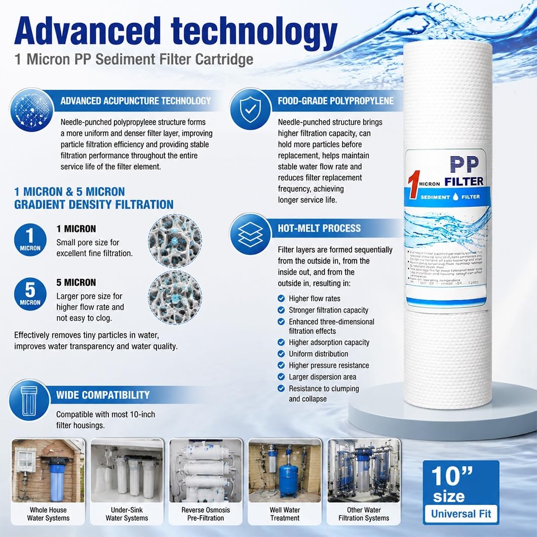 6-pak Igłowanych Filtrów Osadowych PP 10 X 2,5 Cala, Dokładność Filtracji 1/5 Mikrona Do Oczyszczaczy Wody Pod Zlewem I Domowych(1Micron)