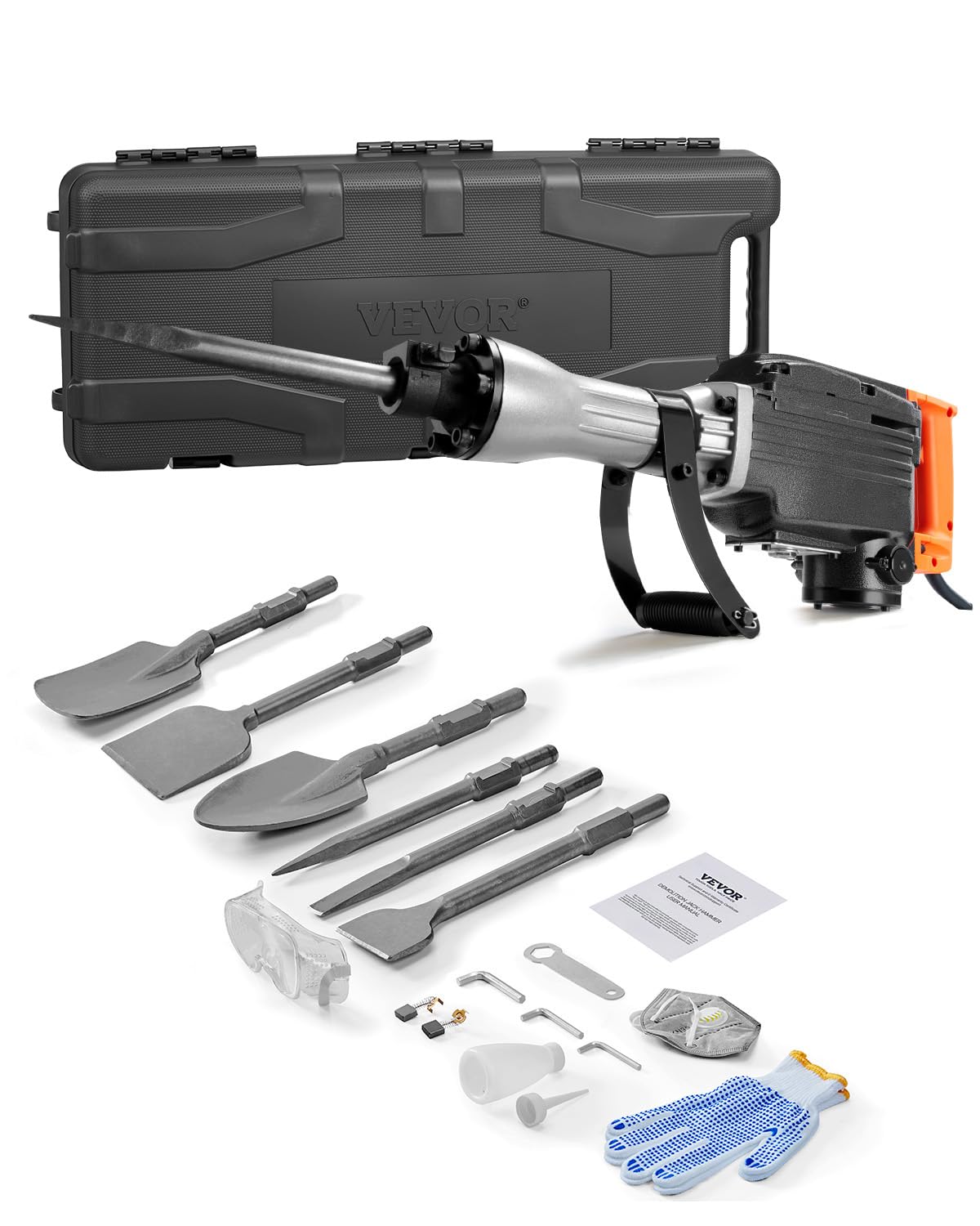 VEVOR Demolition Jack Hammer, 1350 BPM Concrete Breaker 6pcs Chisels Bit Chipping with Case, 2200W Electric Jackhammer Heavy Duty, Black