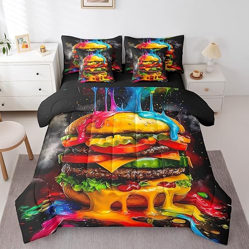 jejeloiu Hamburger Comforter Set 7 Pieces Twin Size Kids, Fast Food Bedding Set 