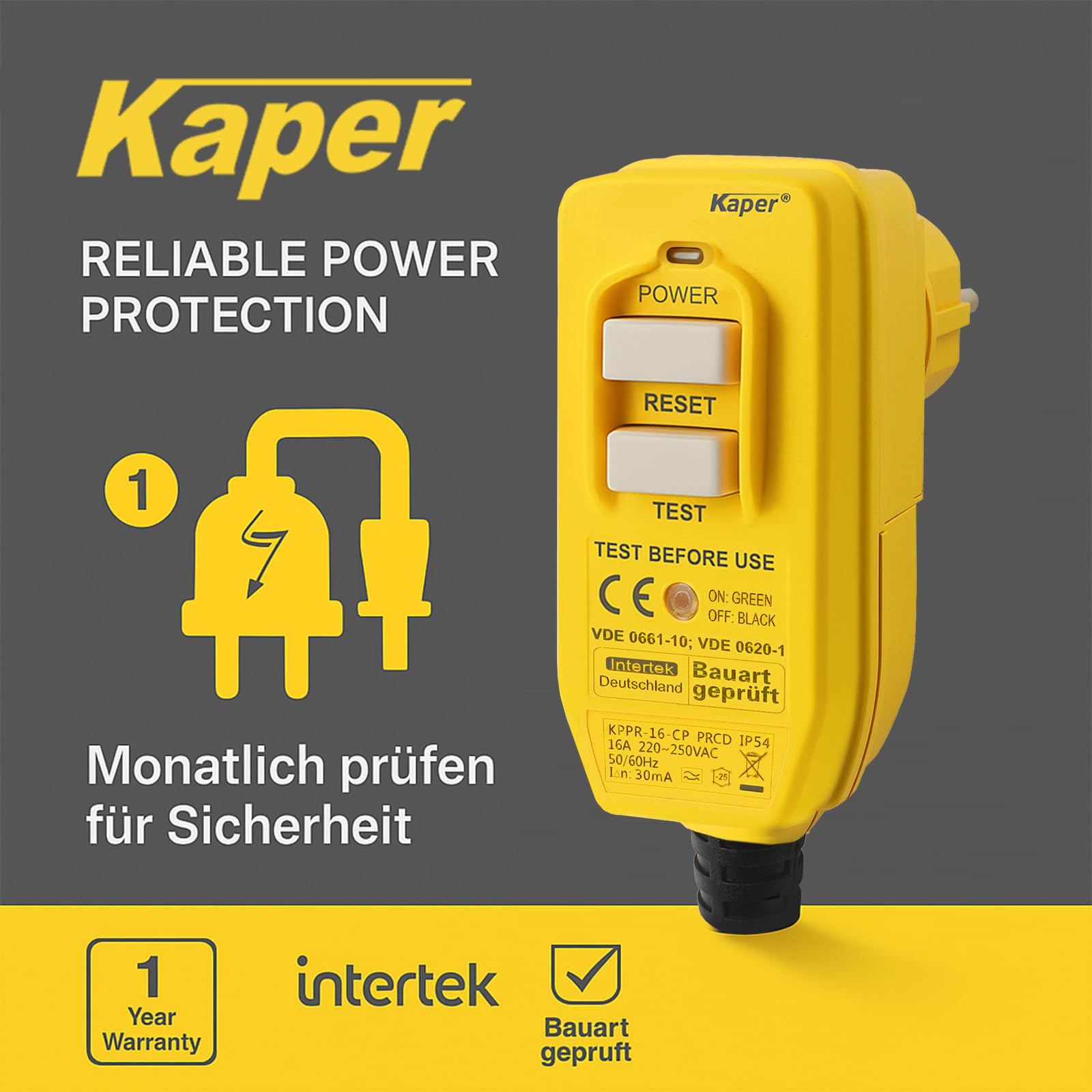 Kaper PRCD - Spina di protezione personale, 16 A, 230 V, IP54, interruttore di sicurezza portatile FI con corrente di attivazione da 30 mA. Impermeabile per cantieri, giardini, campeggio e officina