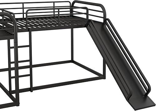 Miniatura 167 de Litera en forma de L individual sobre cama matrimonial adjunta, litera triple de metal con escritorio y tobogán integrados, marco de literas de