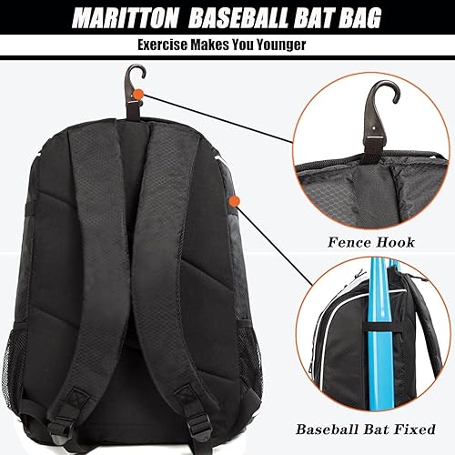 Miniatura 9 de MARITTON Bolsa de béisbol  Mochila de bate para béisbol, equipo de T-Ball y sóftbol para jóvenes y adultos con compartimento para zapatos y soporte