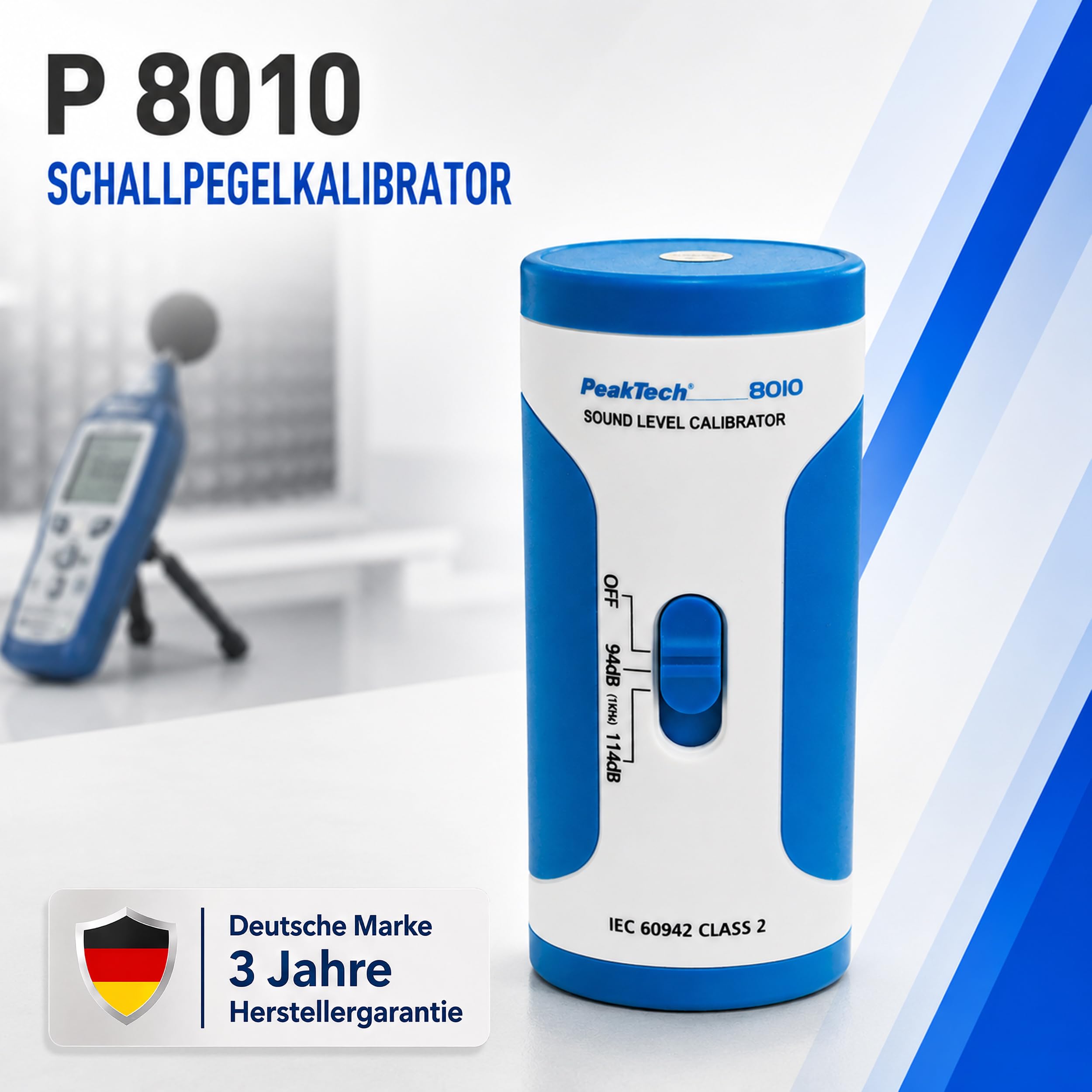 PeakTech P 8010 Schallpegelkalibrator – Präziser Decibel-Meter Kalibrator für Schallpegelmessgeräte, Klasse 2, 94 dB/114 dB, Hohe Genauigkeit für Geräuschpegelmessung und dB-Messgerät