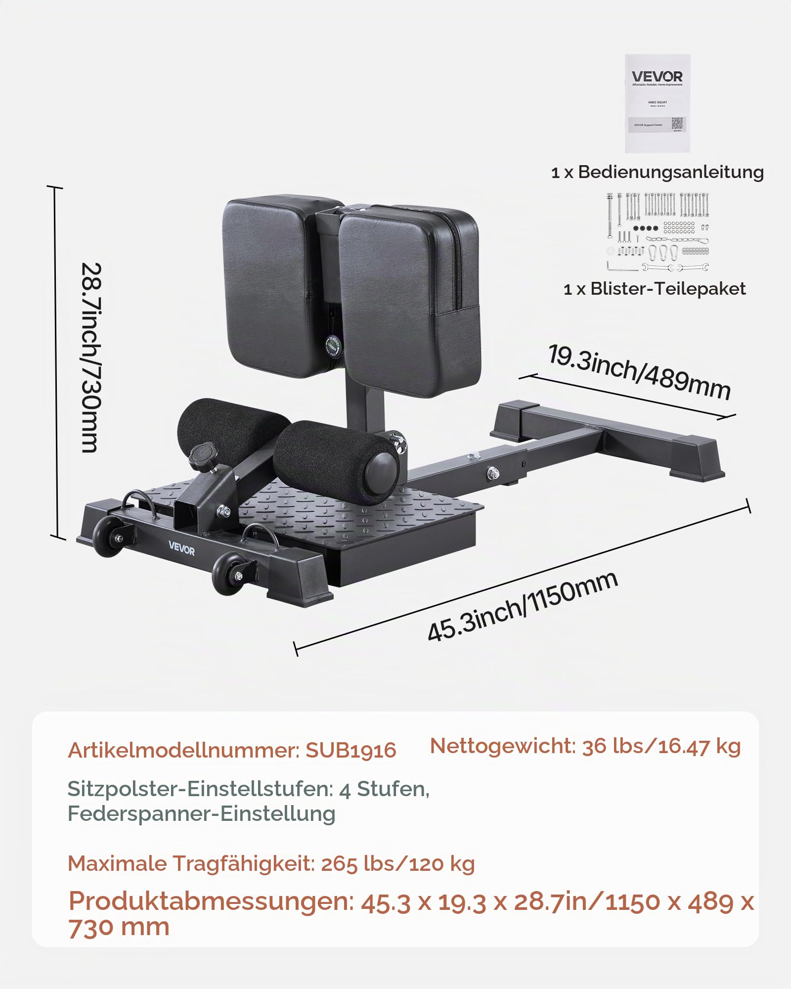 VEVOR Sissy Squat Maschine, multifunktionales Deep Sissy Squat Bench für Beinmuskeltraining, Faltbarer Kniebeugentrainer für Rumpf Taille Gesäß, Beintrainingsgerät für Heim-Fitnessstudio