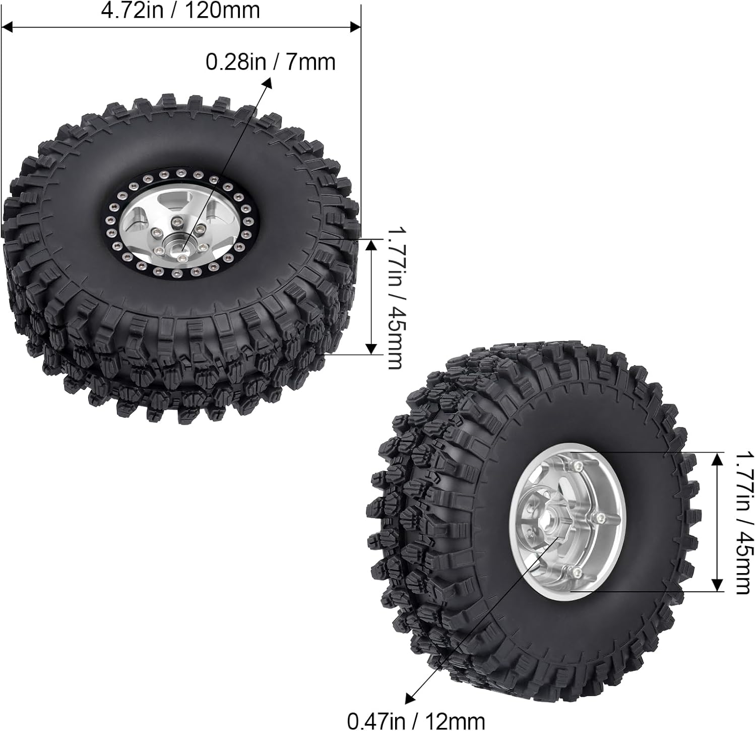 Hobbypark 1.9 Beadlock Wheels and Tires 120mm / 4.72inch Height and Mounting Install Tool for 1/10 RC Crawler with Foam Inserts,Set of 4 (Silver&Black)