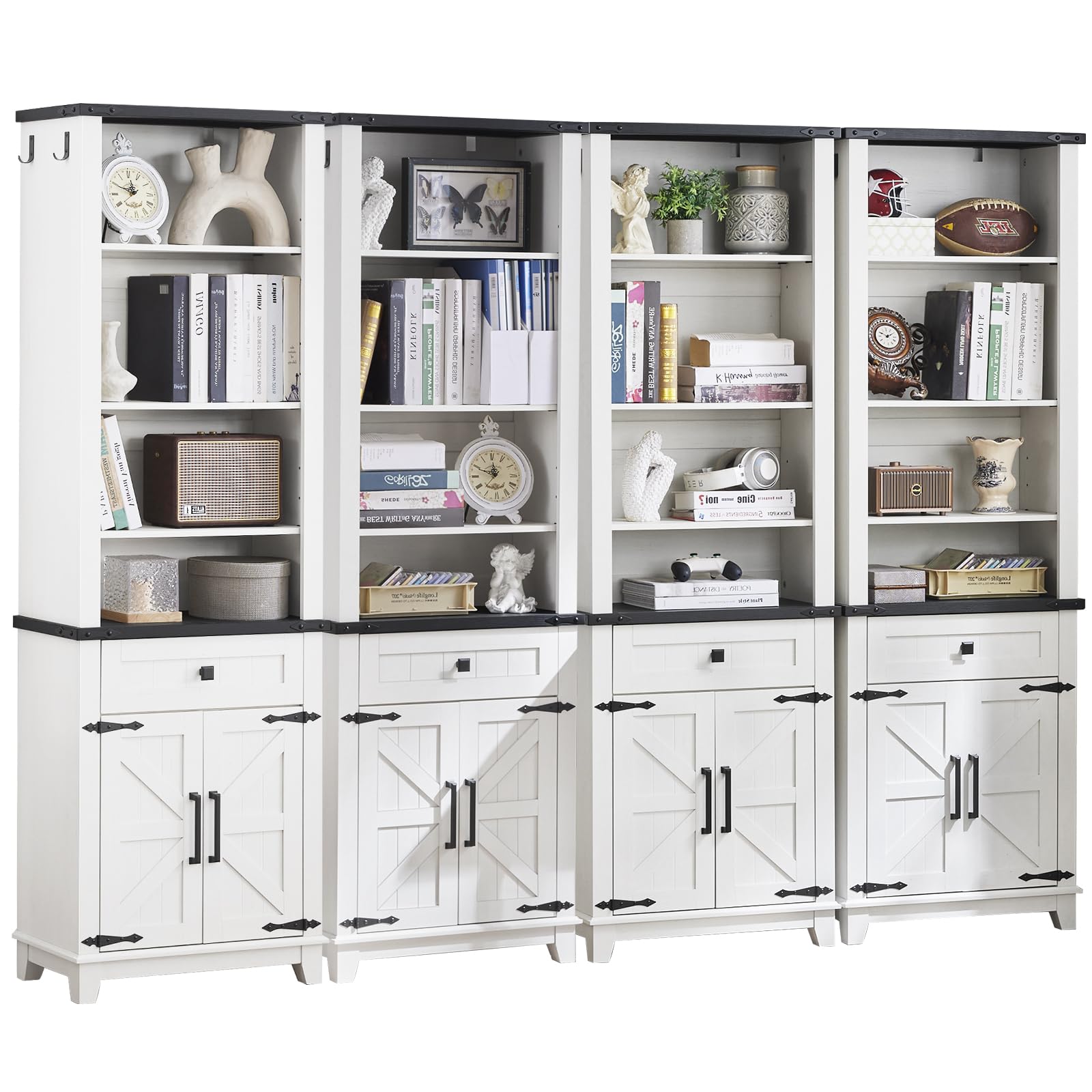 Joaxswe 72in Tall Bookshelf 7 Tier Bookcase with Drawer and Barn Doors and Adjustable Shelves, White Farmhouse Book Shelf with Storage Cabinet, Wood