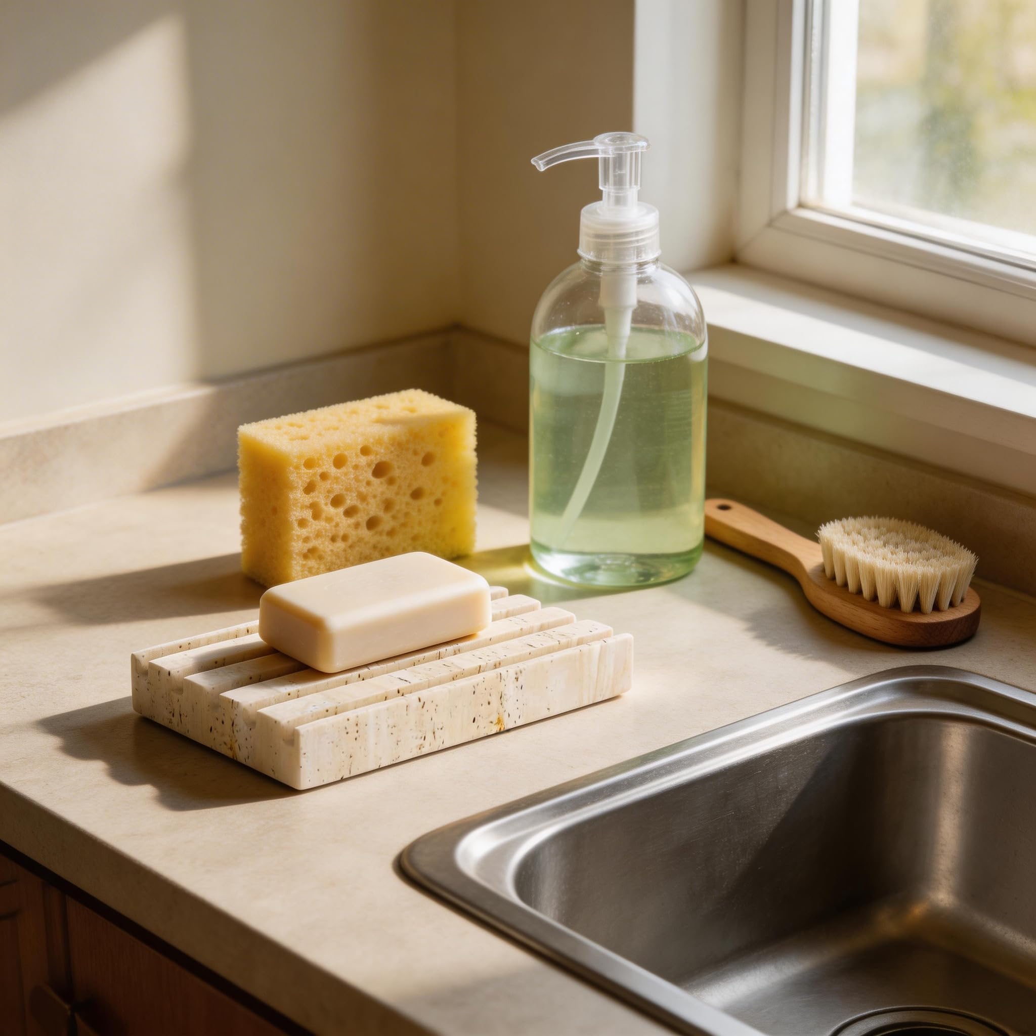 Jabonera beige, soporte para jabón de travertino natural, soporte para jabón de baño, plato de esponja con diseño autodrenante, adecuado para ducha, tocador, cocina, fregadero.