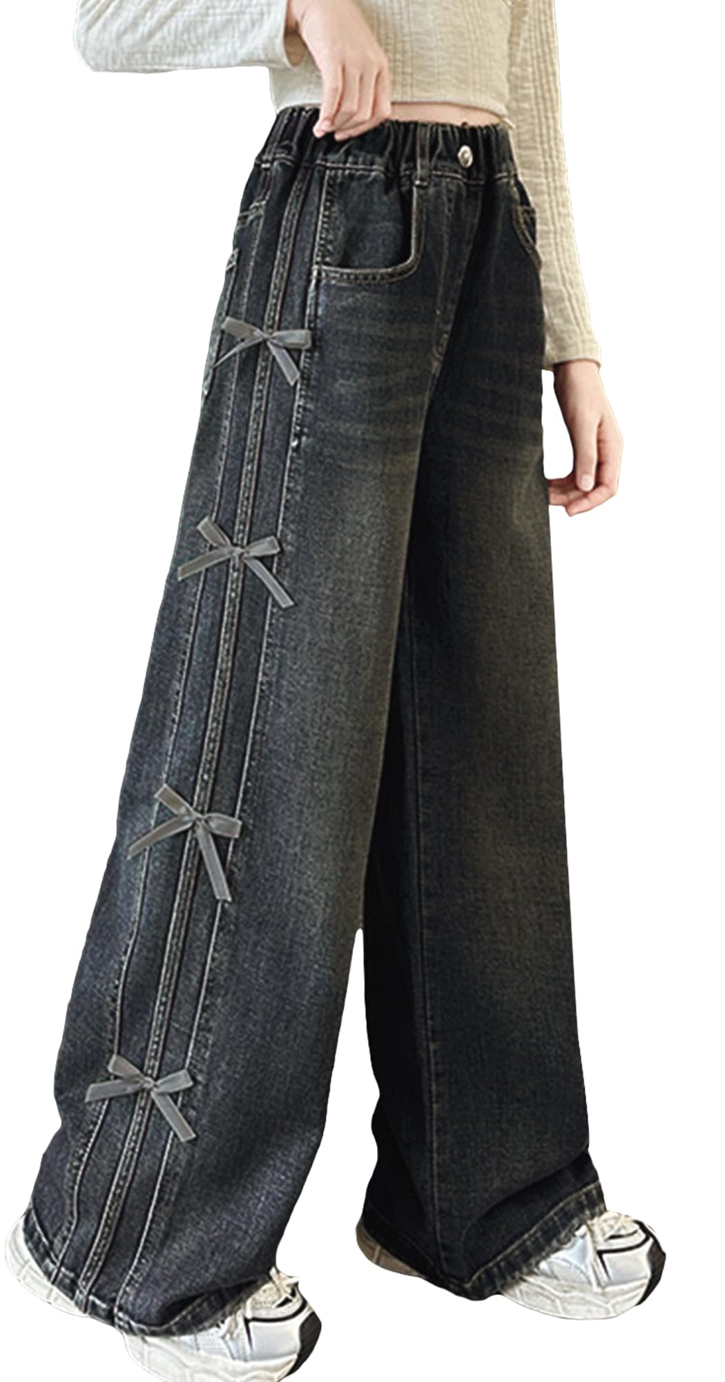 FEOYA Jean Fille Baggy Noeud Denim Élastique Stretch Style Coréen 5-13 Ans