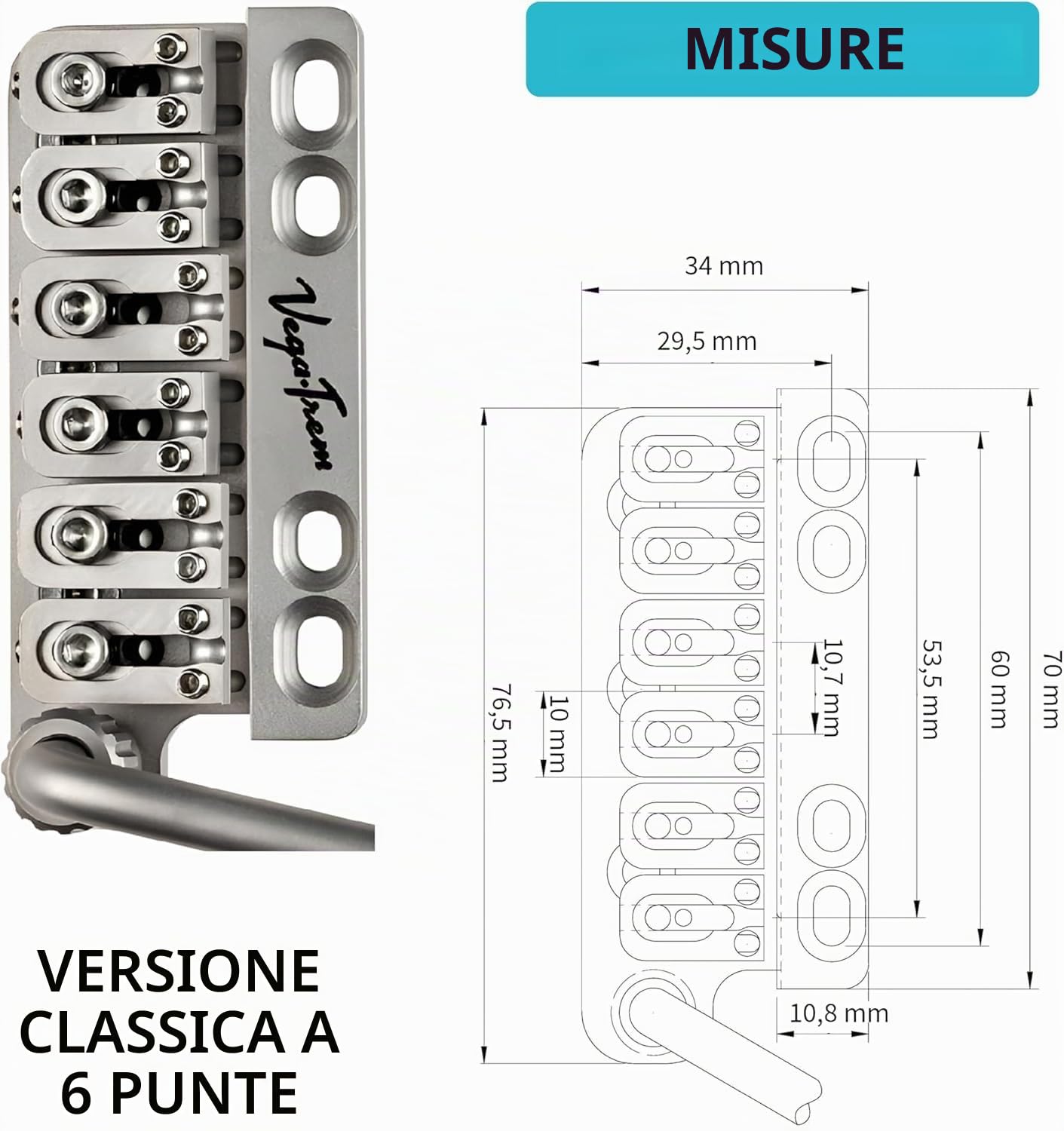 Vega-Trem VT1 Special Standard 6-Screw Stratocaster Chitarra Tremolo Bridge per Strat No Mods Facile installazione (raso, destra)