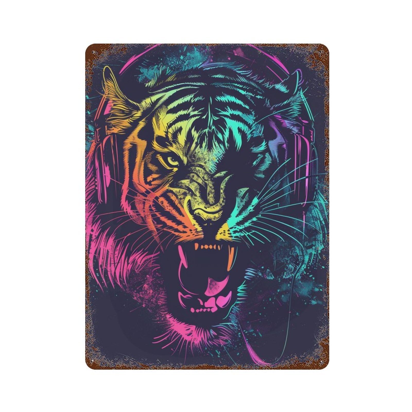 Neon Tiger Headphones Art Print -2 Rust Effect Tin Sign 15.7"x11.8", Vintage Wall Decor for Pub, Kitchen And Man Cave Decor