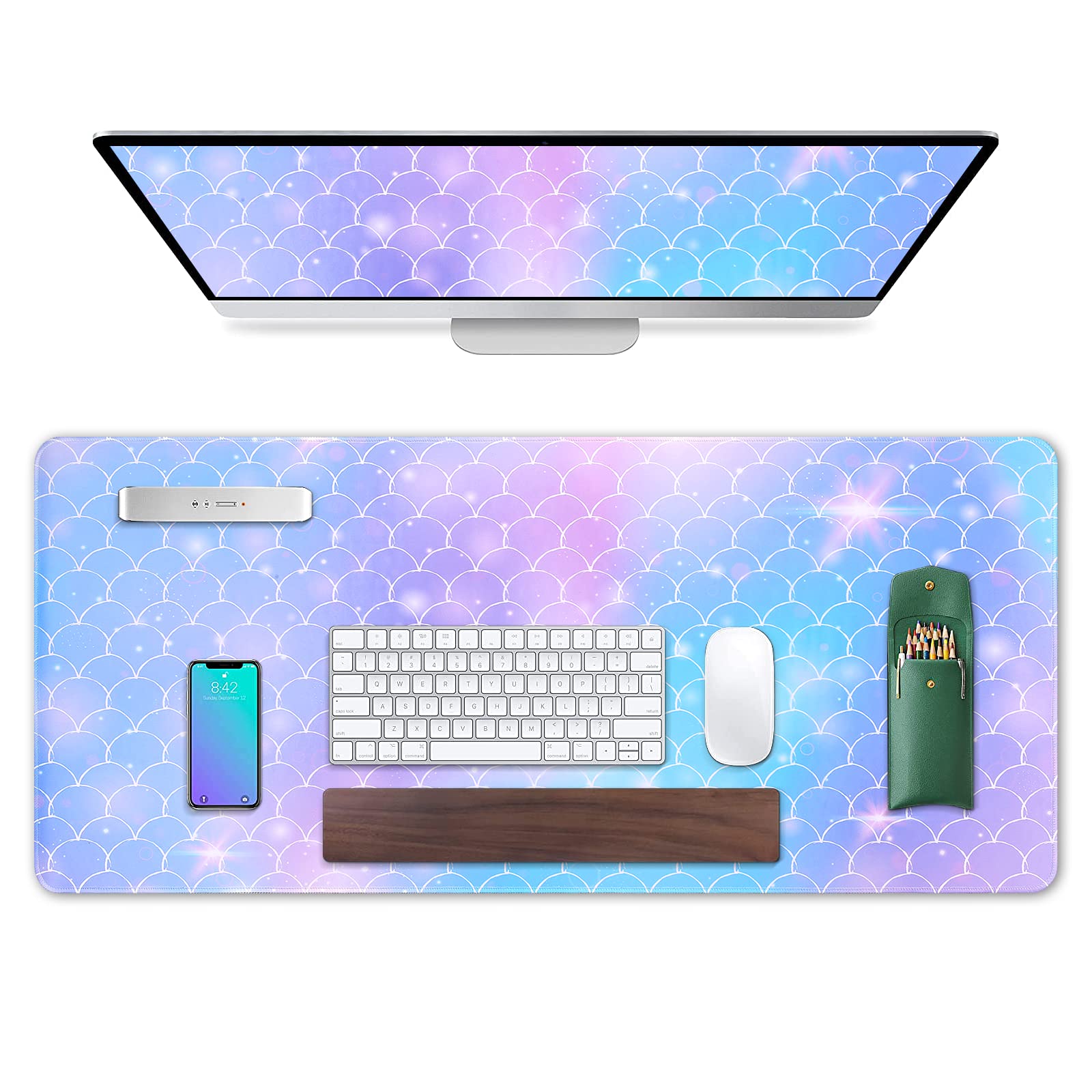 Anyshock Desk Mat, Gaming Mouse Pad Large, XXL Desk Pad (35.4 x 15.7 inches) with Non-Slip Rubber Base, Stitched Edges, Water-Resistant Keyboard Pad for Women, Home, Office Decor (Mermaid Scales) — image 1