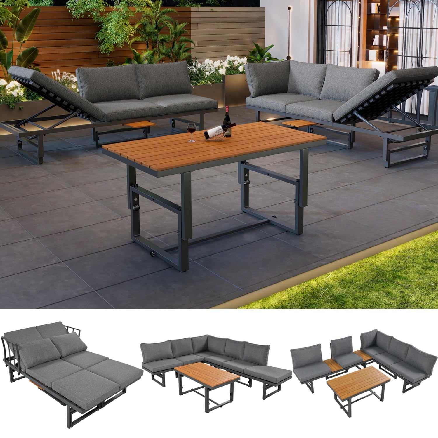 Sapgaks Ensemble de Salon de Jardin extérieur pour 6 Personnes,Structure en Fer thermolaqué, Dossier réglable, Bois d'acacia, Table réglable,Gris