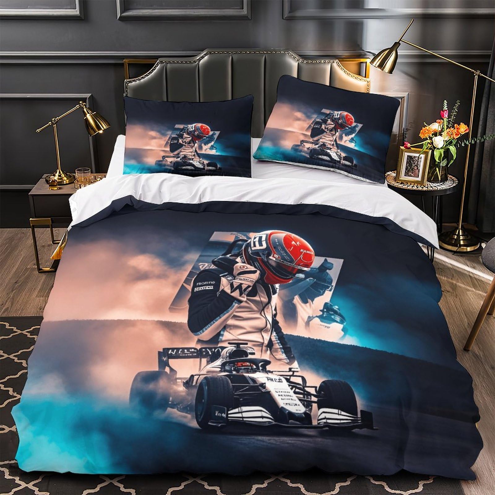 XiaopangXY Formulaa Racing Bedding Set with Hidden Zipper, Racing Car Duvet Cover Set with Pillowcases, Soft Microfiber Luxury Quilt Cover Set Super King（260x220cm）