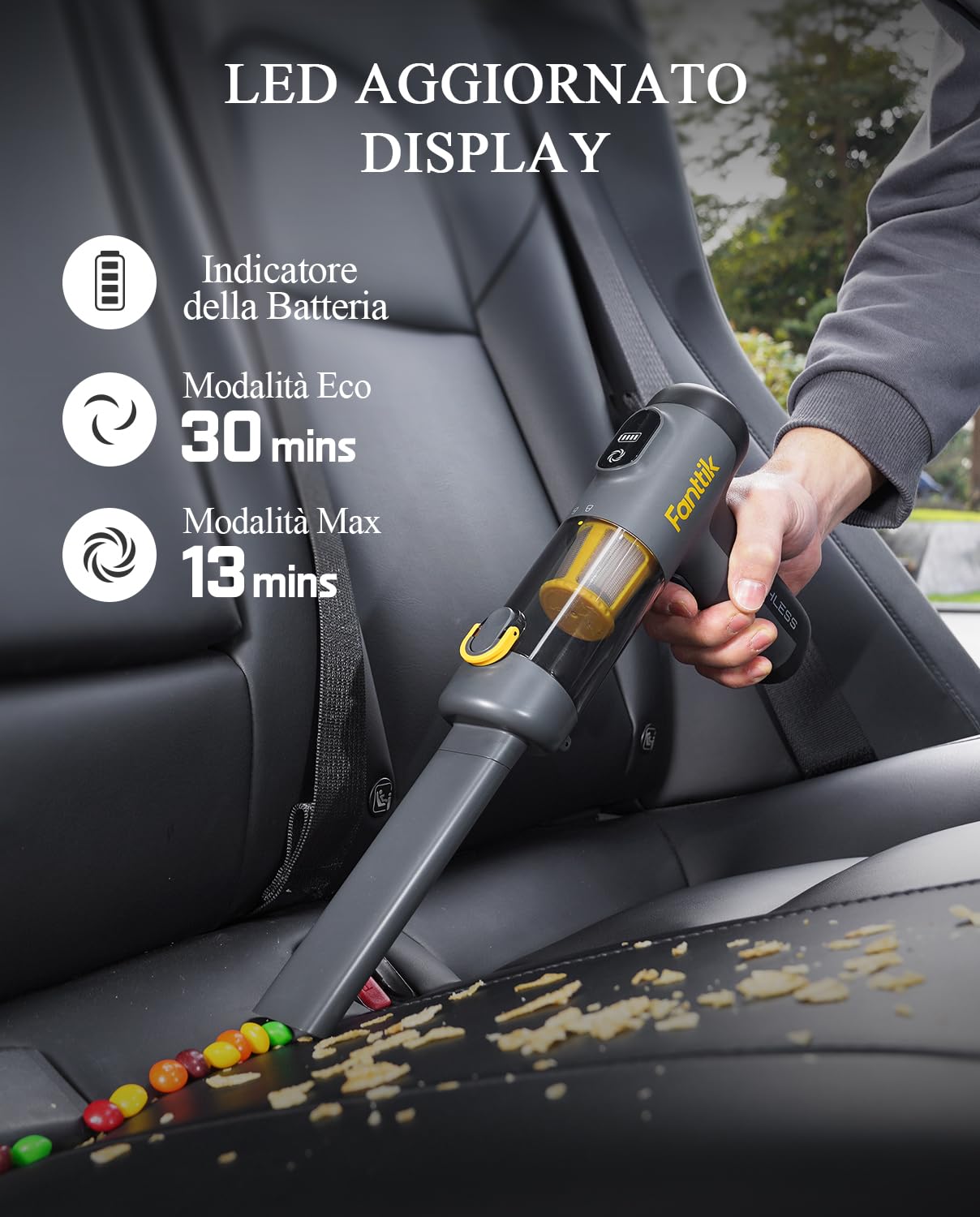 Fanttik Slim V9 Mix Aspirapolvere per Auto 4 in 1, Portatile ad Alta Potenza 12000PA con Display LCD, Mini Spolverino con Tastiera per Auto e Casa