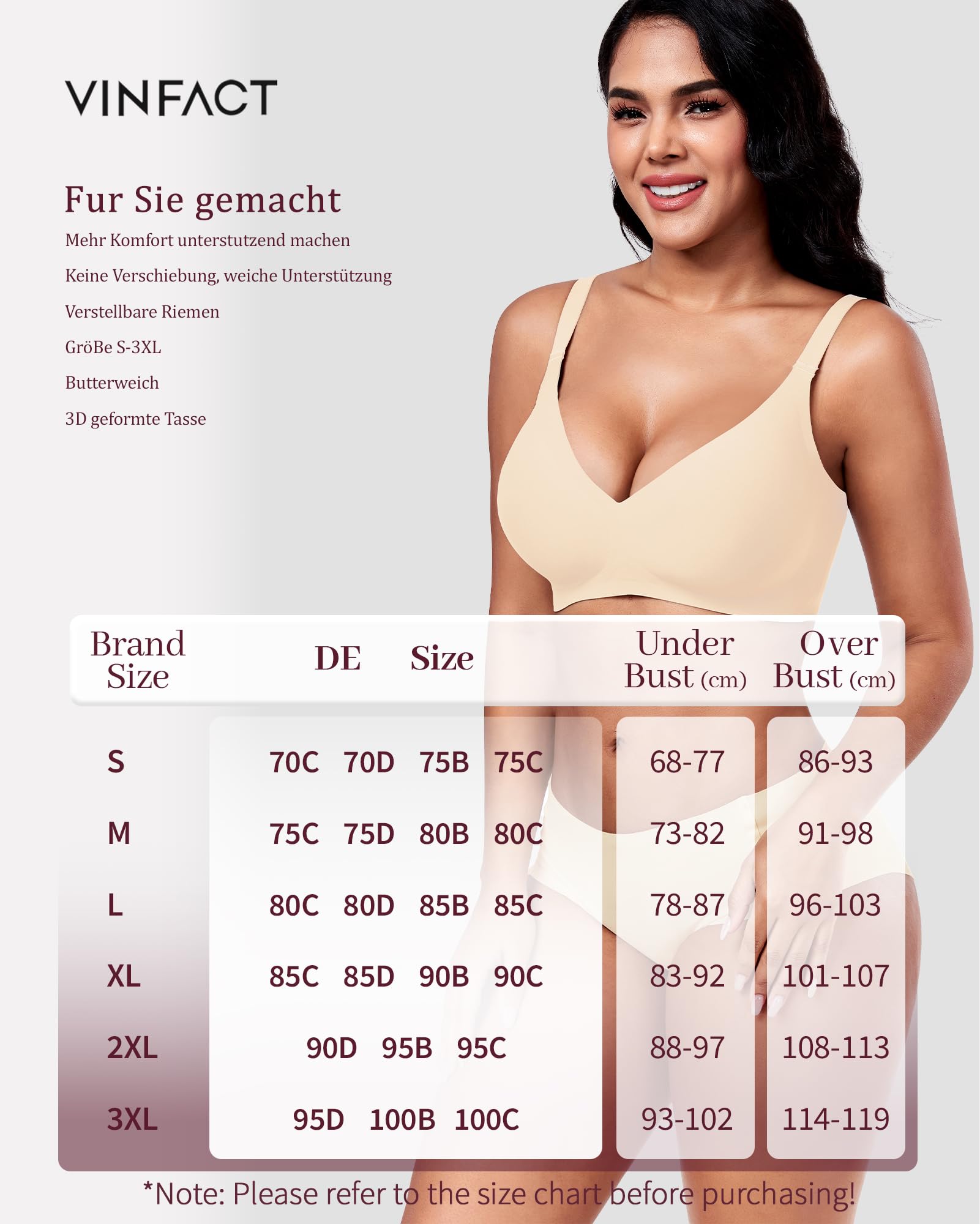 Vinfact Nahtloser BH Damen Ohne Bügel Push up BH Damen Große Brüste Starker Halt V-Ausschnitt Bügelloser Seamless Bequem T Shirt Schlaf BH Gepolstert Bralette