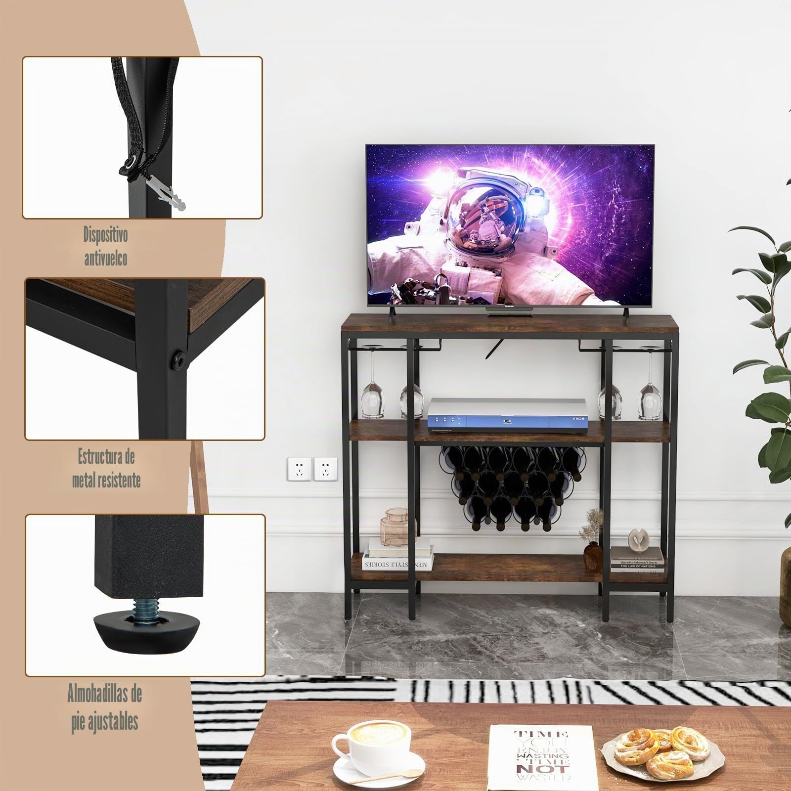 KOMFOTTEU Armario Bar de Vino de 3 Niveles, Botellero con con 2 Puertos USB y 2 Enchufes, Estantería de Almacenamiento para 15 Botellas con Portavasos, para Cocina, Salón, 113 x 35 x 85 cm (Marrón)