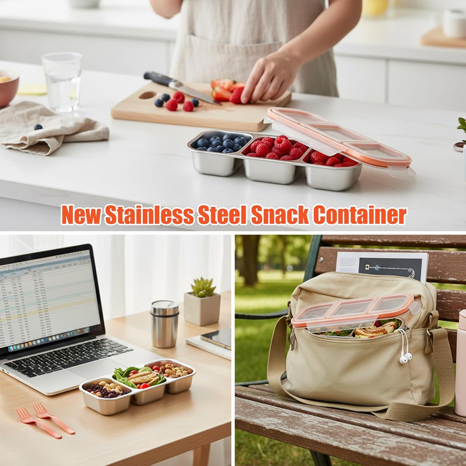 Stainless Steel Snack Container,Leak-Resistant Metal Snack Containers,Divided Bento Box with Lids-3 Compartment Food Storage Containers,Refrigerator & Dishwasher safety (1 Set) - Image 3