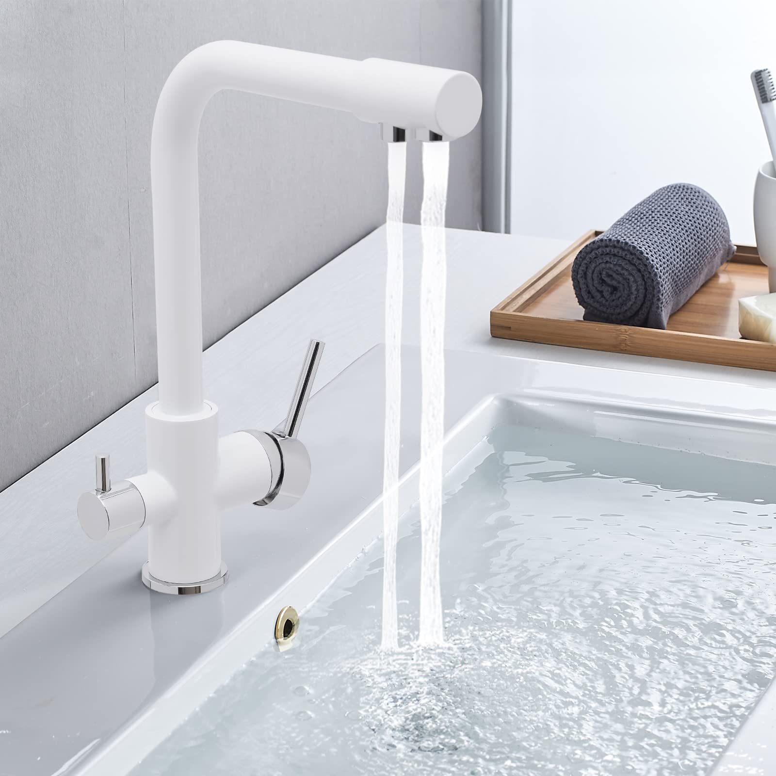 Rubinetto da cucina, rubinetto a 3 vie, girevole a 360°, filtro dell'acqua, rubinetto da cucina, rubinetto per lavello, miscelatore per lavabo, bianco/oro (bianco)
