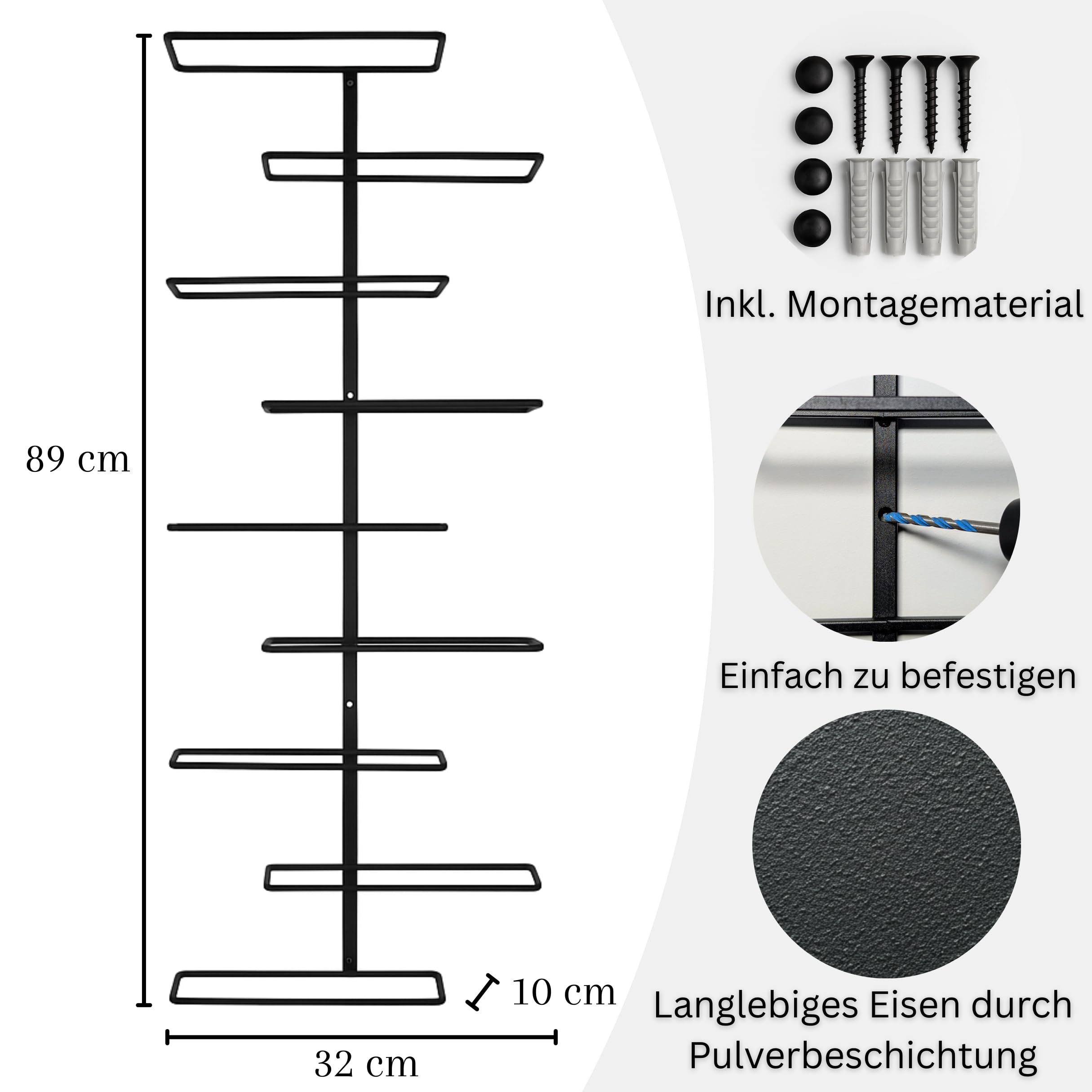Weinregal Wand Schwarz aus Metall | 9 Flaschen | Modernes Weinregal | Versetztes Wine Rack | Schwarzer Weinflaschenhalter | Flaschenregal Wand