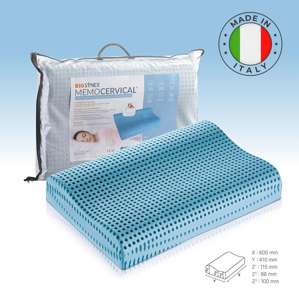 BIOSYNEX - MEMOCERVICAL - Oreiller Ergonomique Rectangulaire à Mémoire de Forme - 40 x 60 cm - Dispositif Médical - Fabriqué en Italie (Bleu, Double Vague)