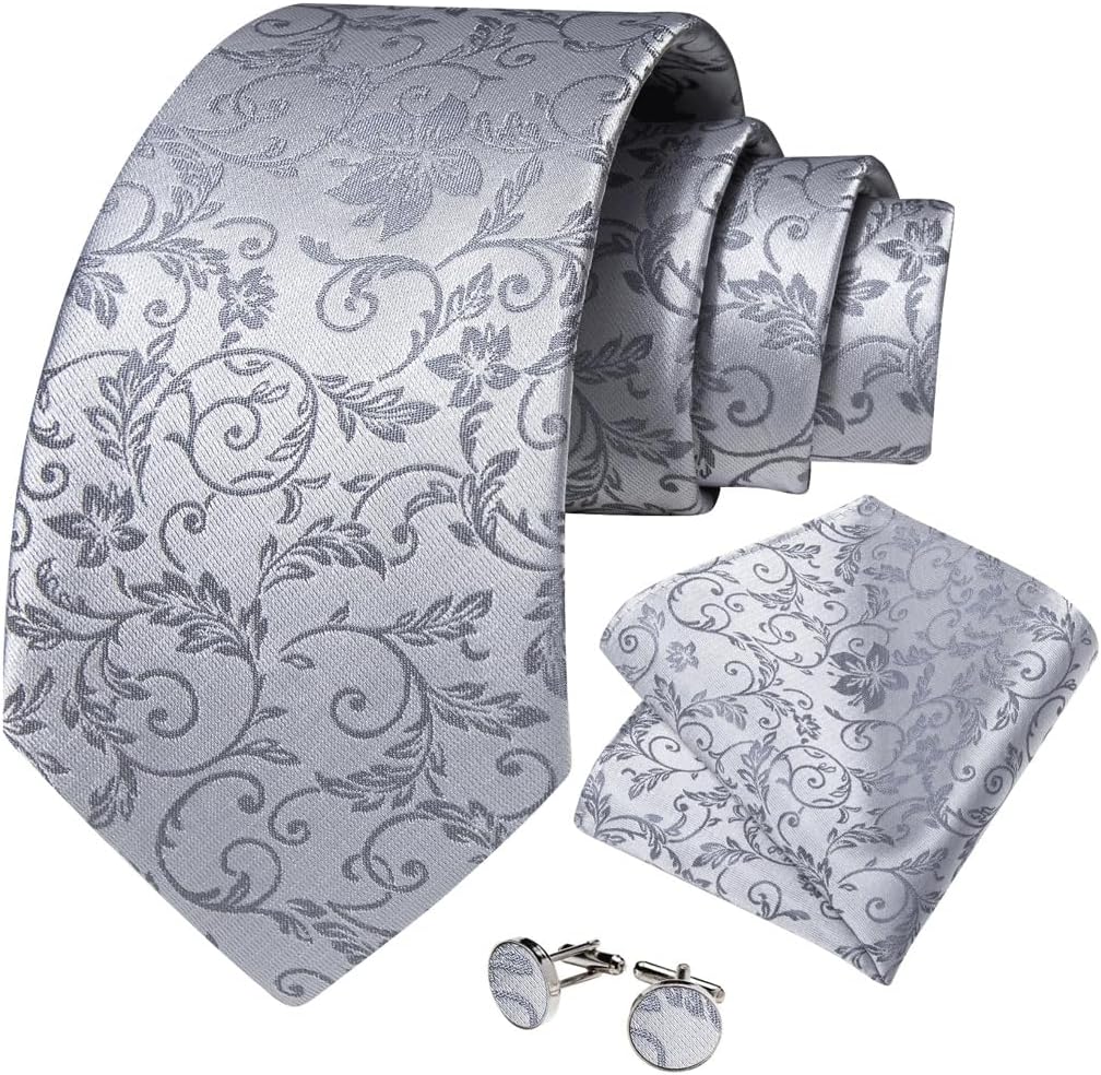 Classic Floral Tie Sets Men's Silver Gray Bow Ties Handkerchief Cufflinks Wedding Party Men Neckties Accessories