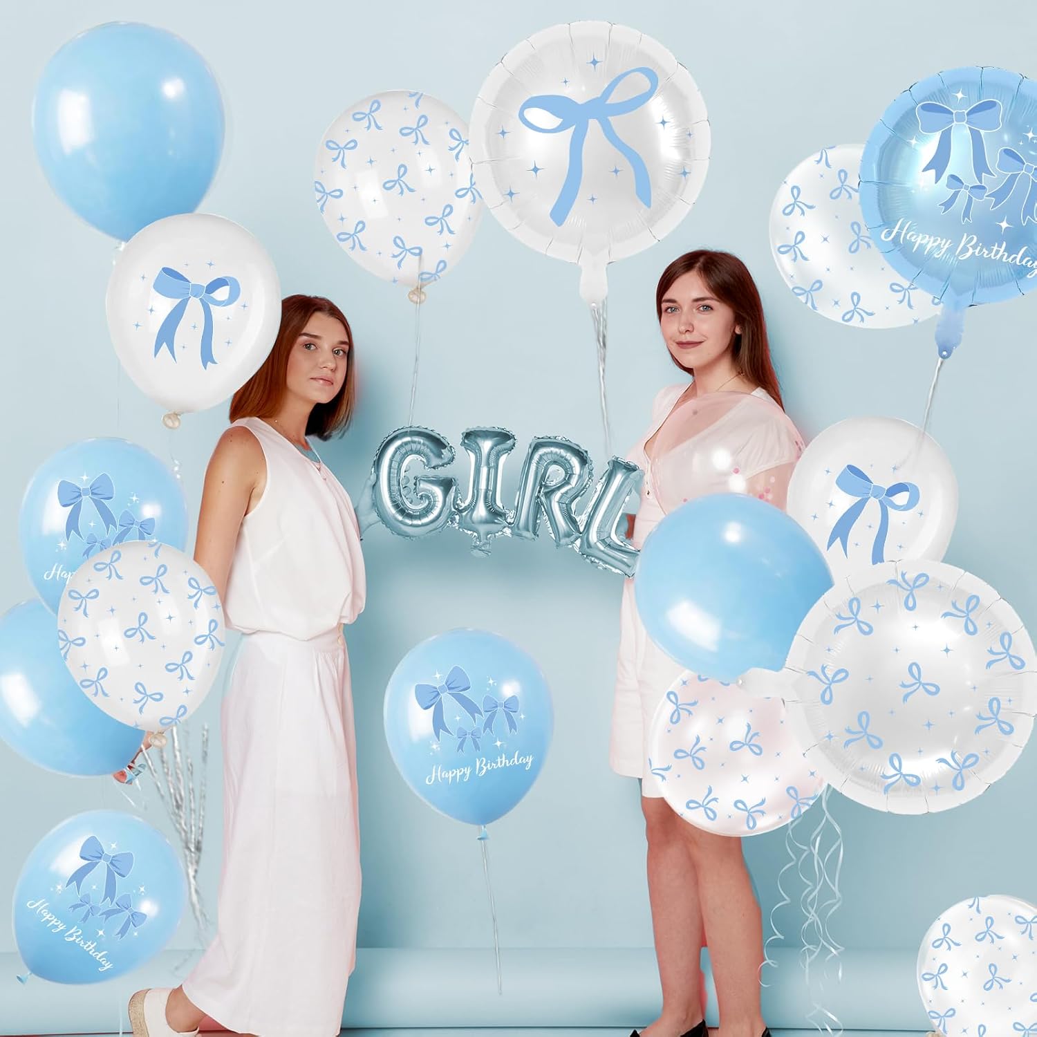43Pcs Blue Bow Balloons Party Decorations - Coquette Bow Birthday Decorations Blue and White Bow Themed Birthday Balloons for Girls Baby Shower,Bachelorette Party Supplies