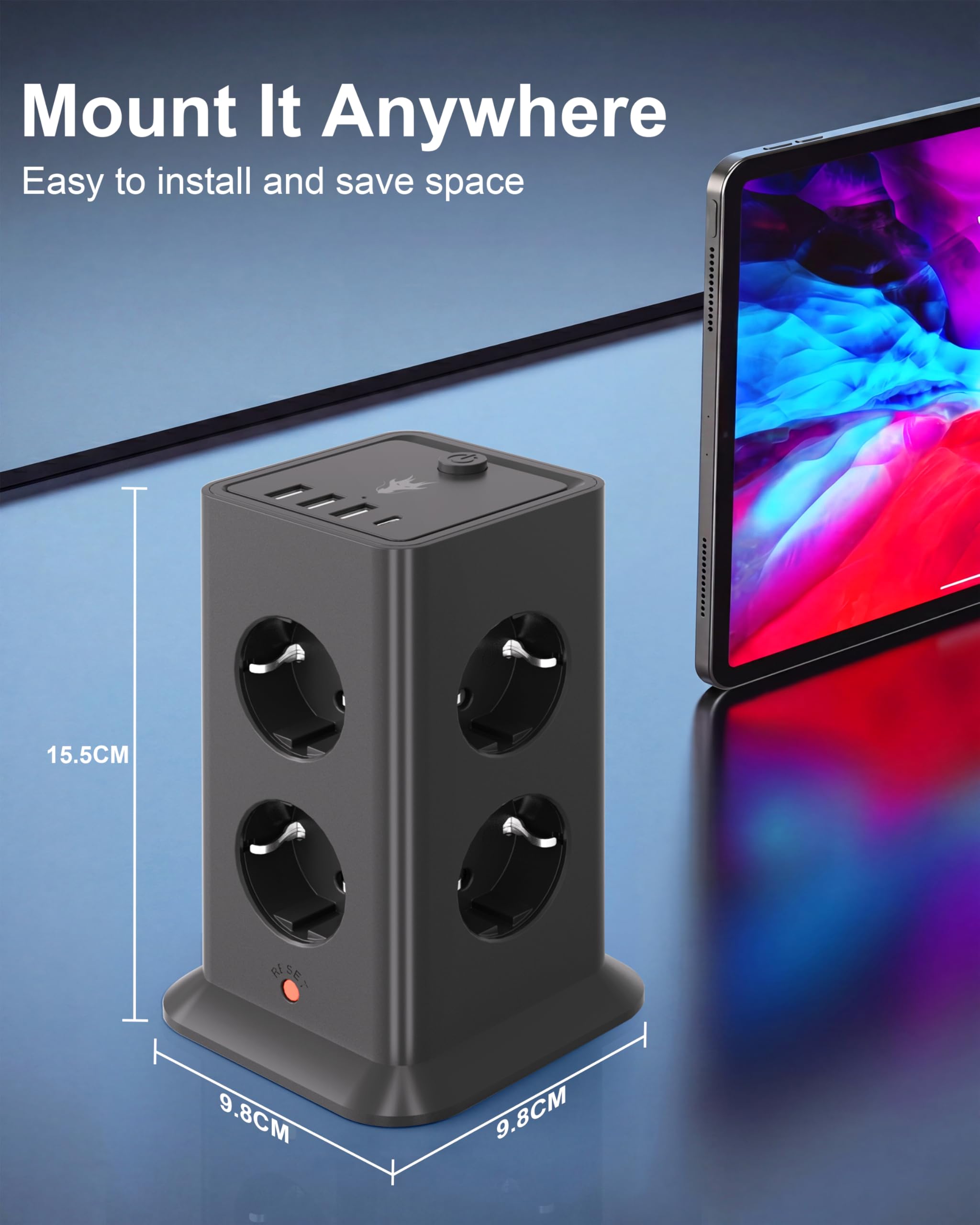 Listwa zasilająca z odgromnikiem i ochroną, 8 gniazd sieciowych i 4 portami USB (1 USB-C), 5V/3,4 A, zasilacz 3680W/16A, listwa zasilająca do biura i domu, czarna 5 m