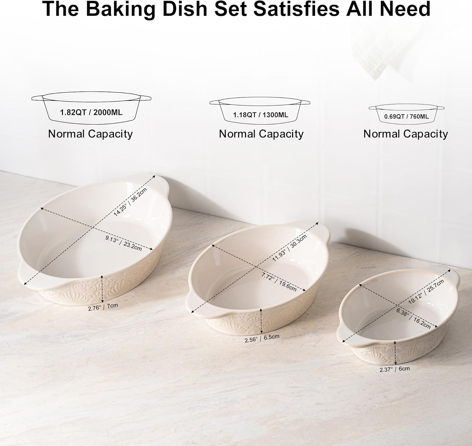Casserole Dishes for Oven Sets of 3, Ceramic Oval Baking Dish, Au Gratin Baking Pans with Handles for Roasting, Lasagna, Pie, Baking Meat & Vegetables (Beige White)