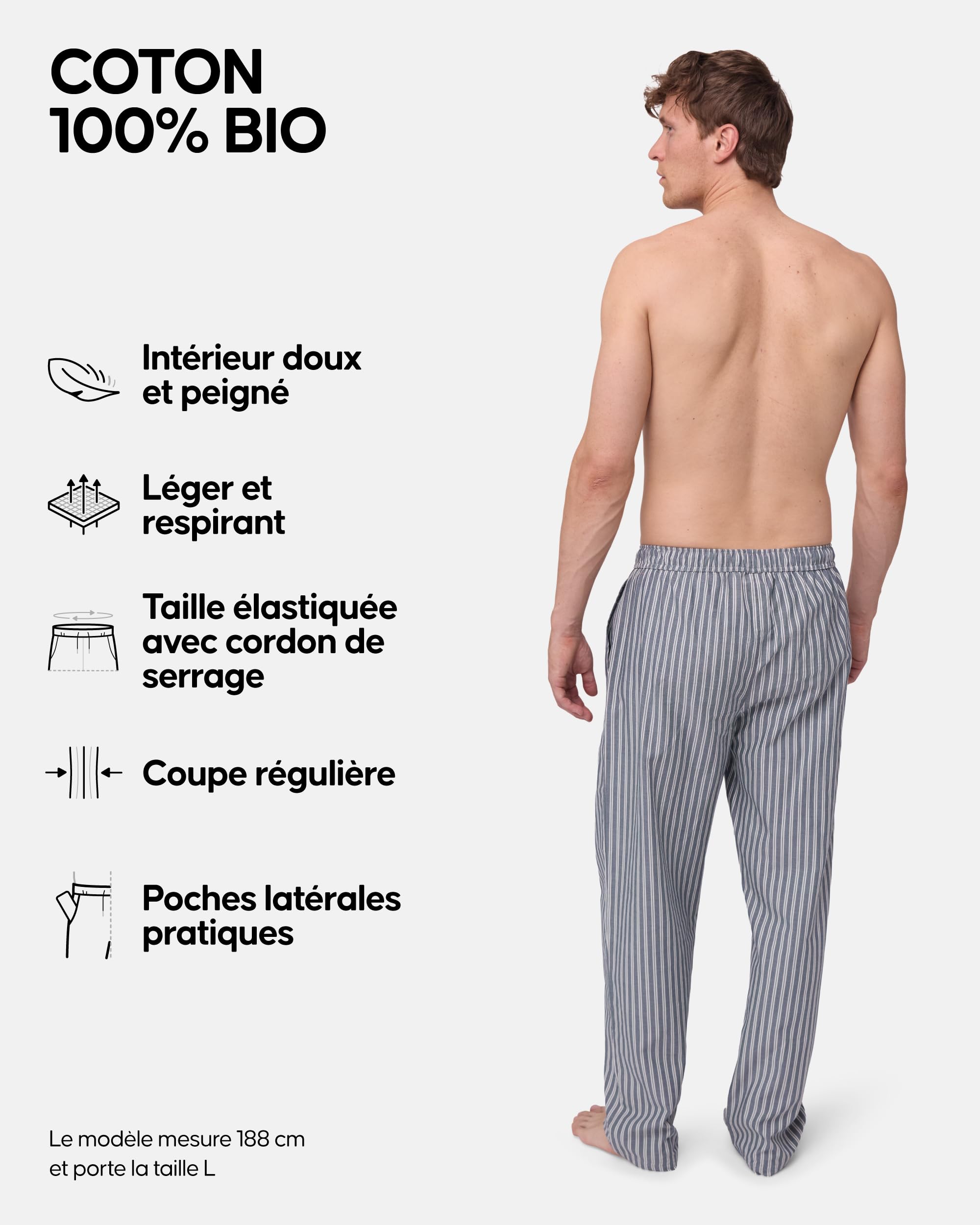 DANISH ENDURANCE Pantalon de Pyjama Homme 100% de Coton Biologique, Doublure Douce, Cordon Ajustable et coupe décontractée