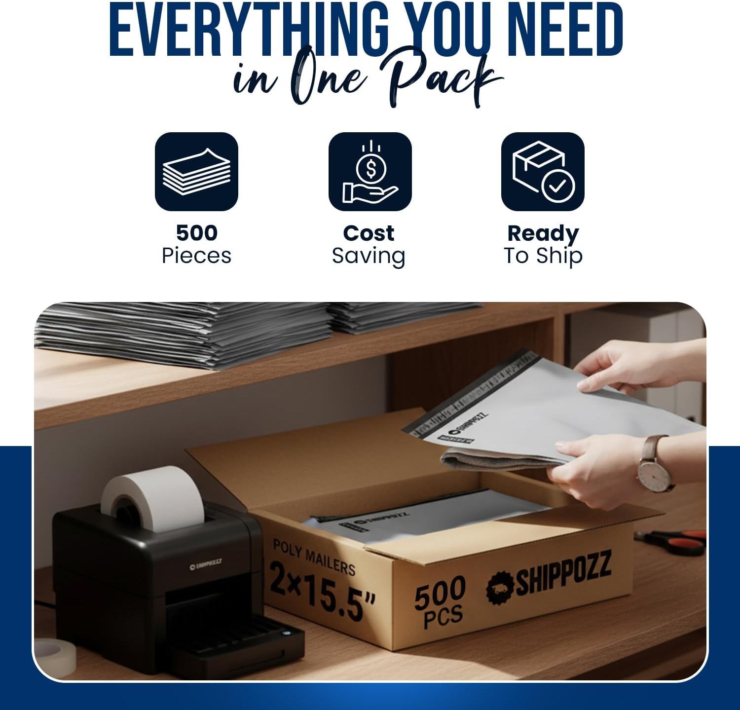 Shippozz 12x15.5 Poly Mailers 500 Pack, Durable Waterproof Polymailers for Shipping Clothes, Self Seal Mailing Bags for Small Business Packaging Supplies, Mailing Envelopes for Books, and Accessories