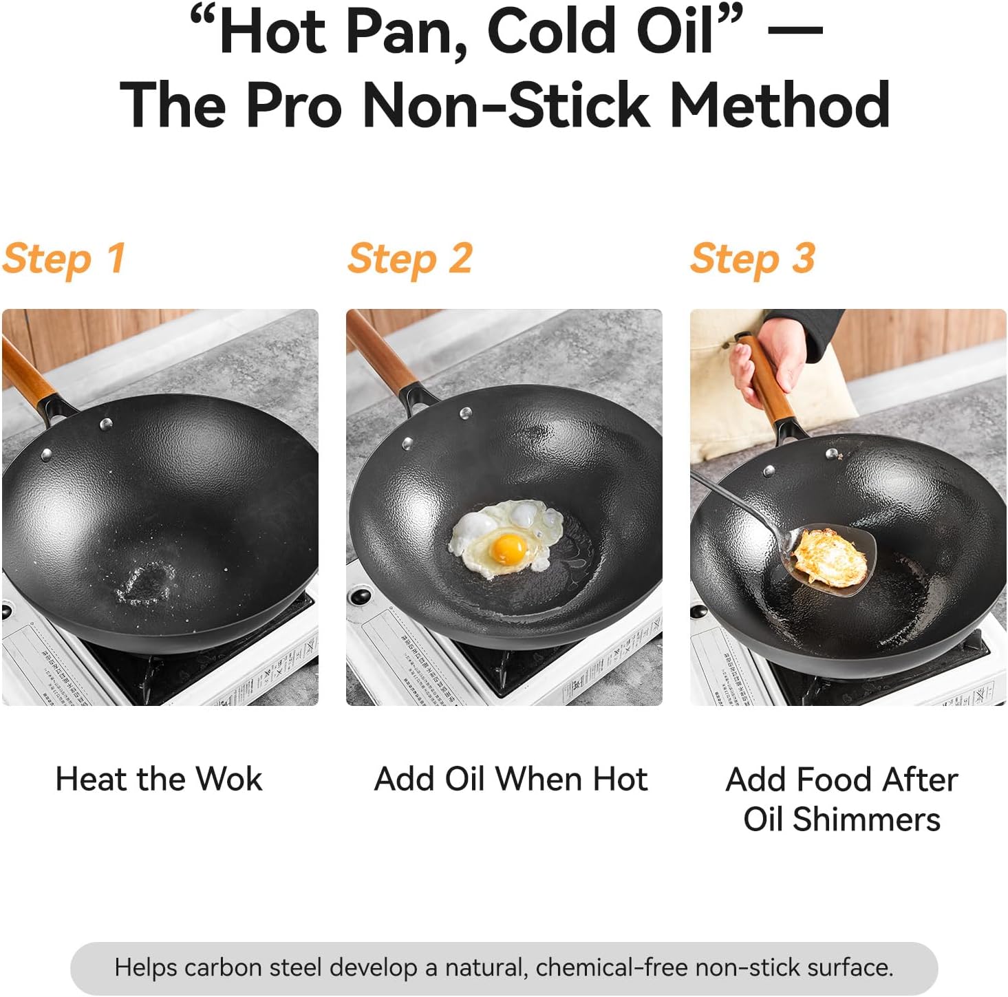 WANGYUANJI 12.6" Carbon Steel Wok with Lid, Flat Bottom Wok Pan for Induction and Gas Stoves, Heavy Duty Unseasoned Asian Stir Fry Pan with Detachable Wooden Handle