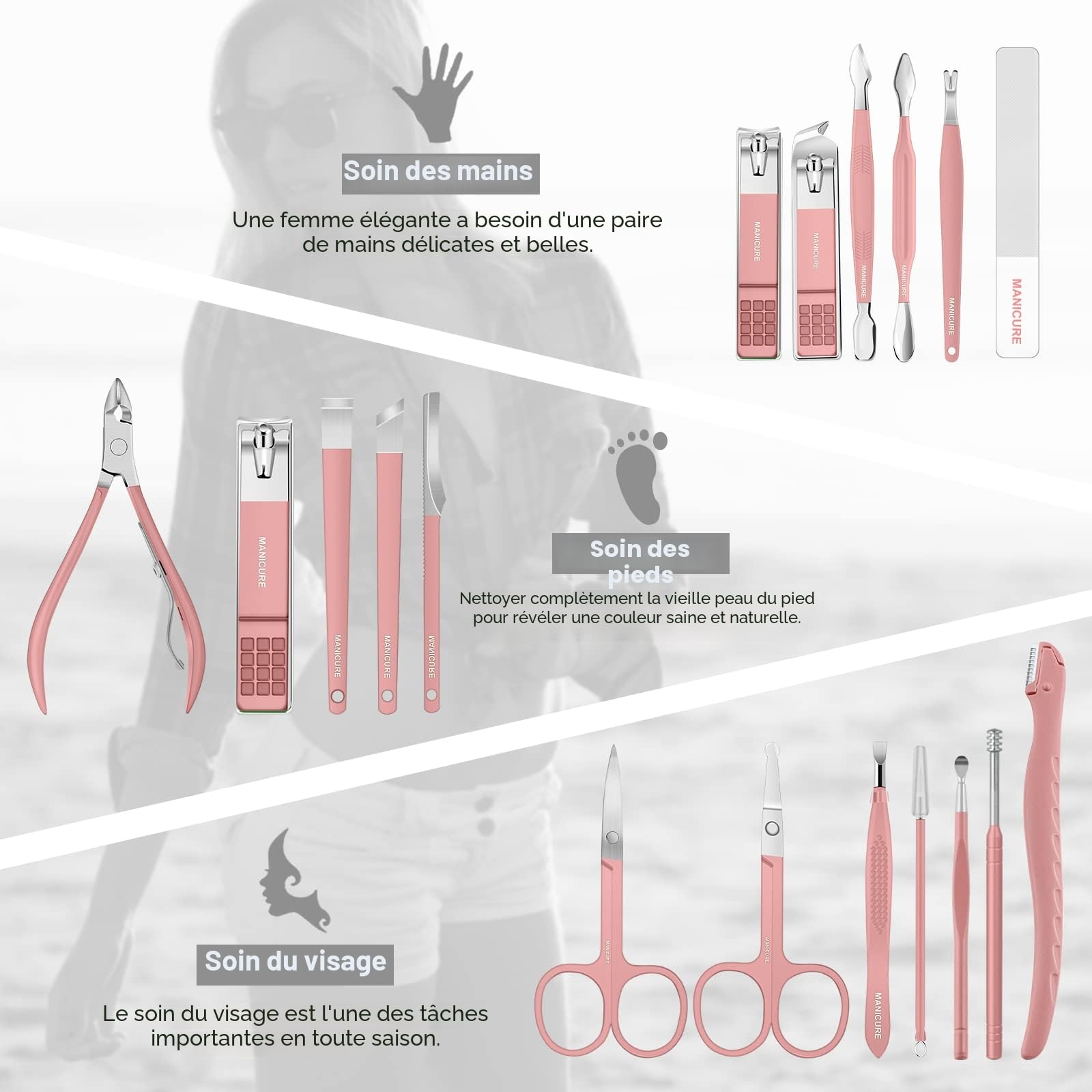 Kit Manucre Pedicure - Coupe Ongle Professionnel Coupe Cuticule Acier Inoxydable - Trousse Manucure Pedicure Set de 18pcs avec Exquis La Boîte (Rose)